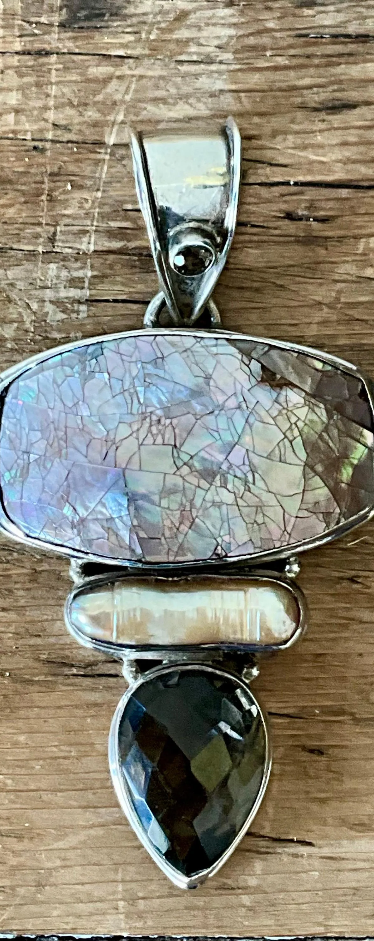 Vintage Boho Smokey Quartz & Mother of Pearl Pendant — additional photo 4