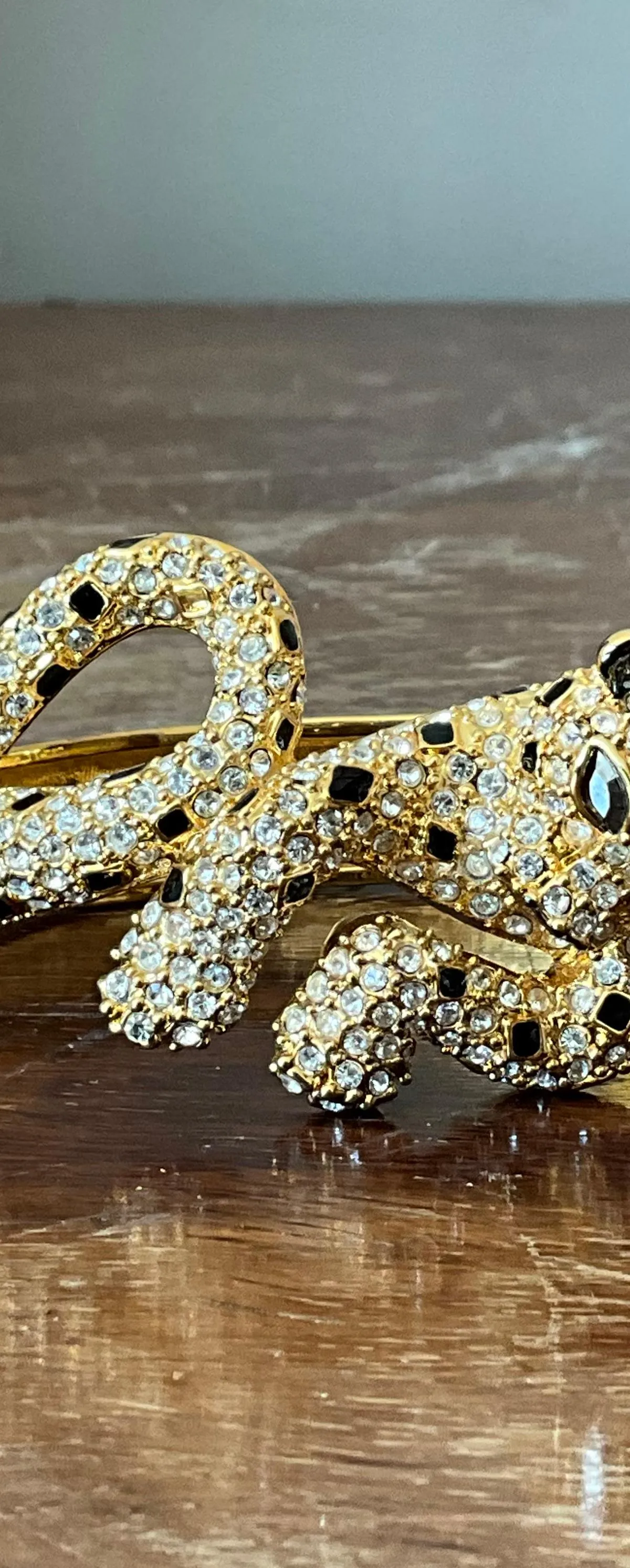 Vintage Rhinestone & Black Enamel Leopard Bracelet