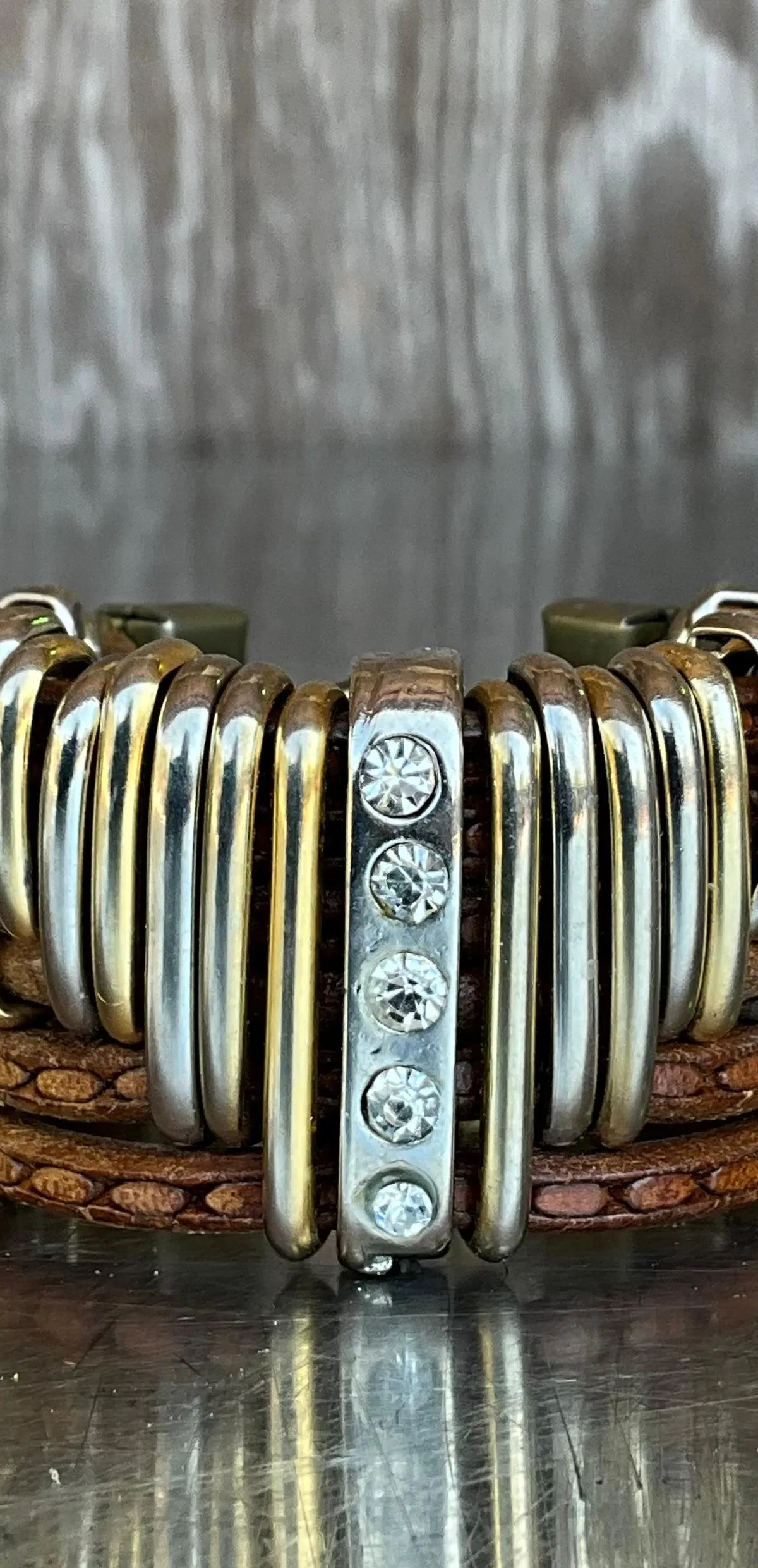 Vintage Leather & Silver Rhinestone Cuff Bracelet