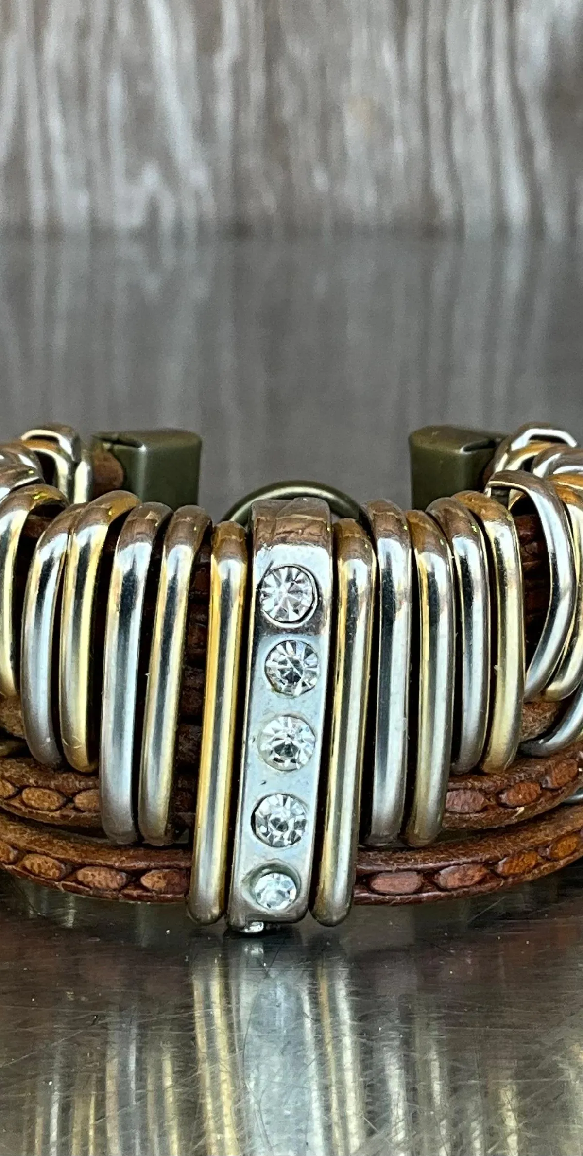 Vintage Leather & Silver Rhinestone Cuff Bracelet — additional photo 2