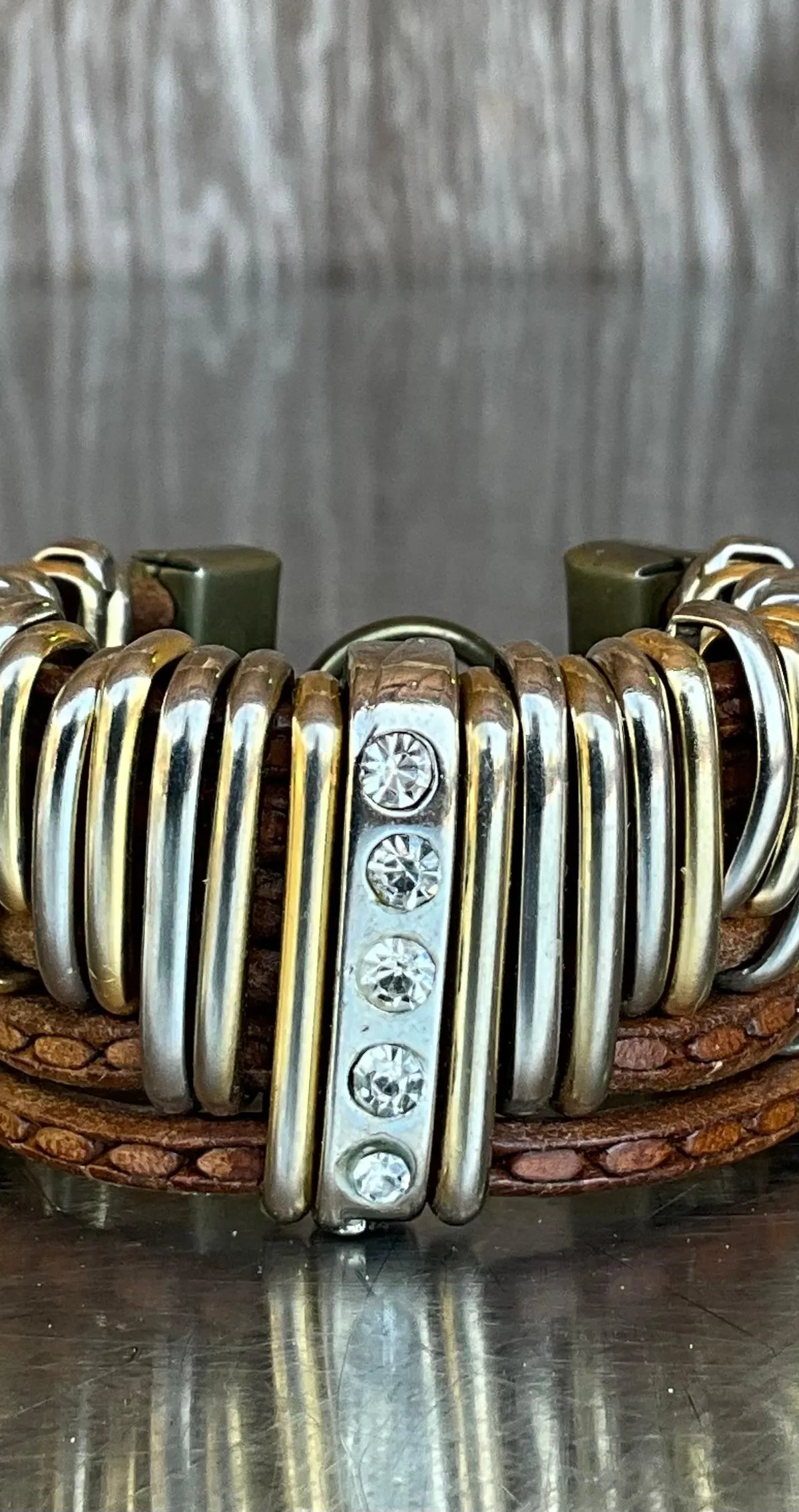 Vintage Leather & Silver Rhinestone Cuff Bracelet — additional photo 3