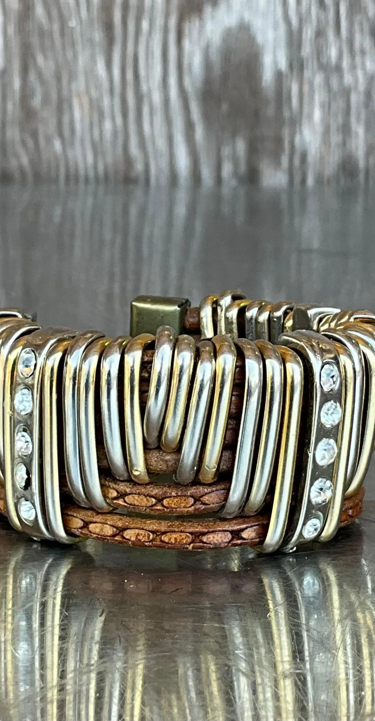 Vintage Leather & Silver Rhinestone Cuff Bracelet — additional photo 4