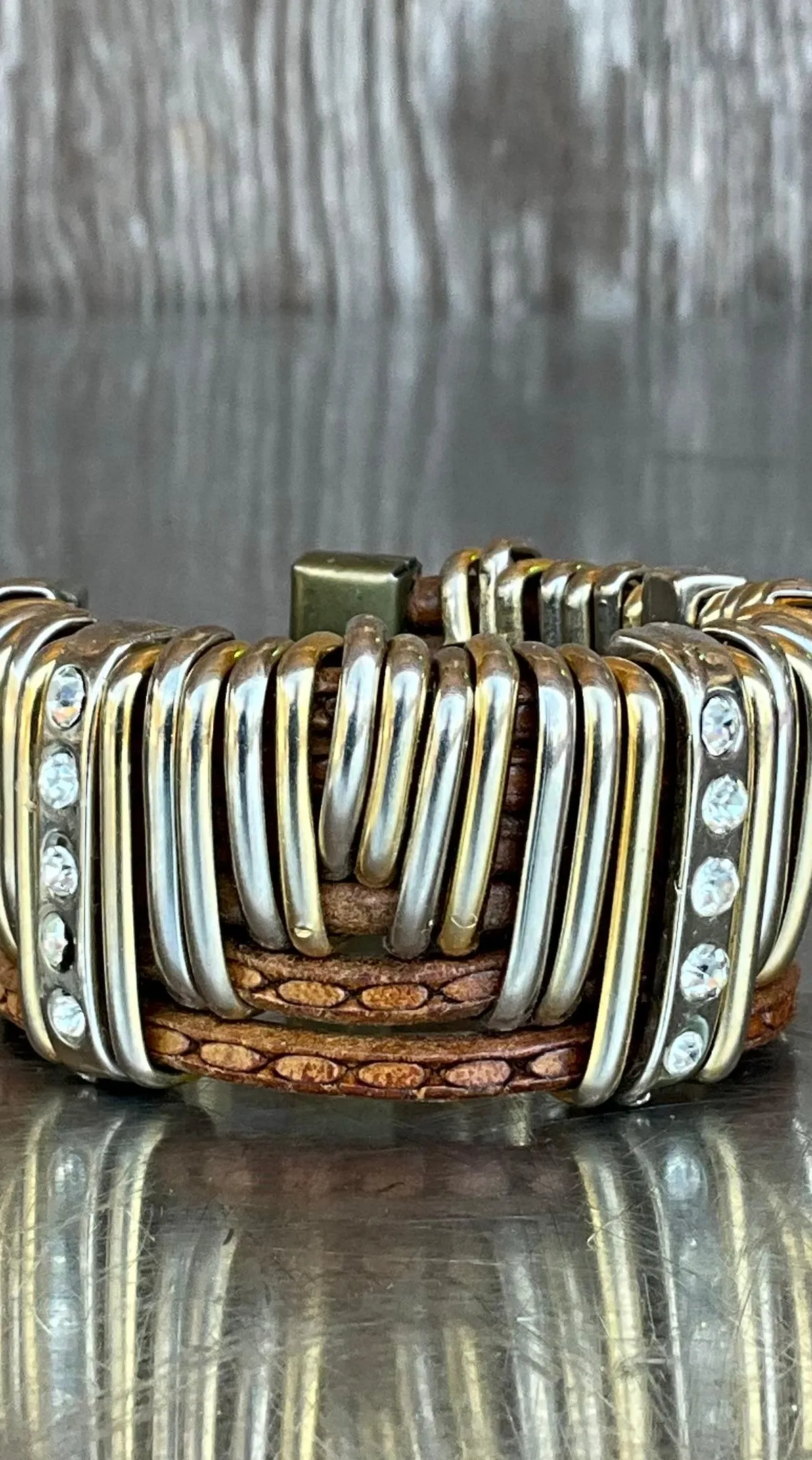Vintage Leather & Silver Rhinestone Cuff Bracelet — additional photo 5