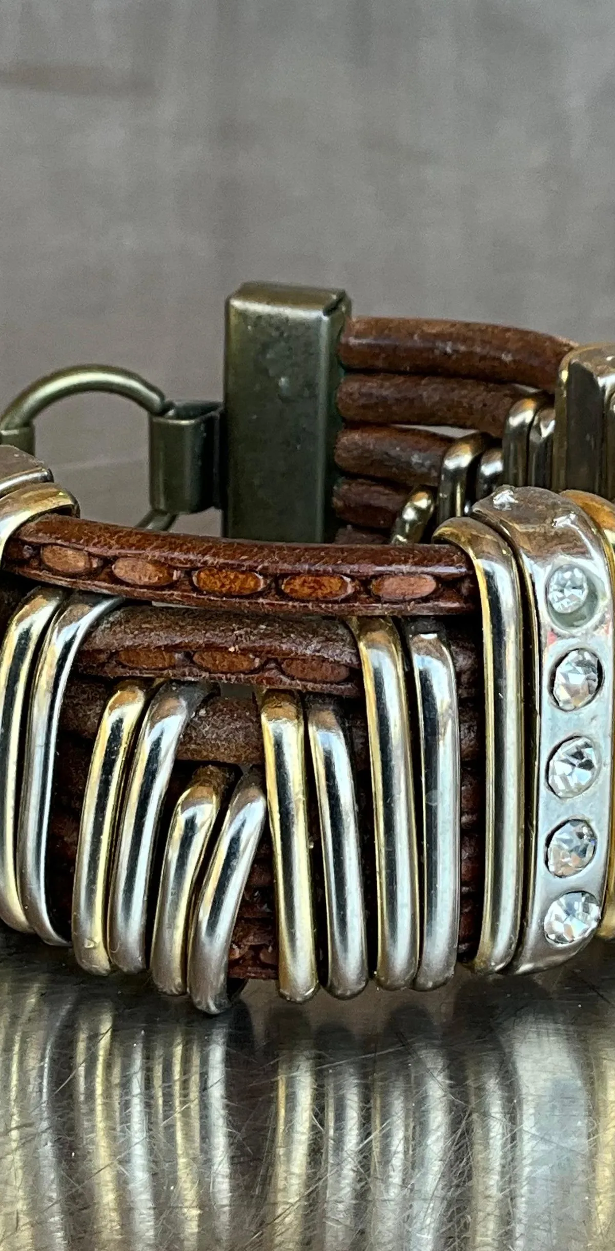 Vintage Leather & Silver Rhinestone Cuff Bracelet — additional photo 6