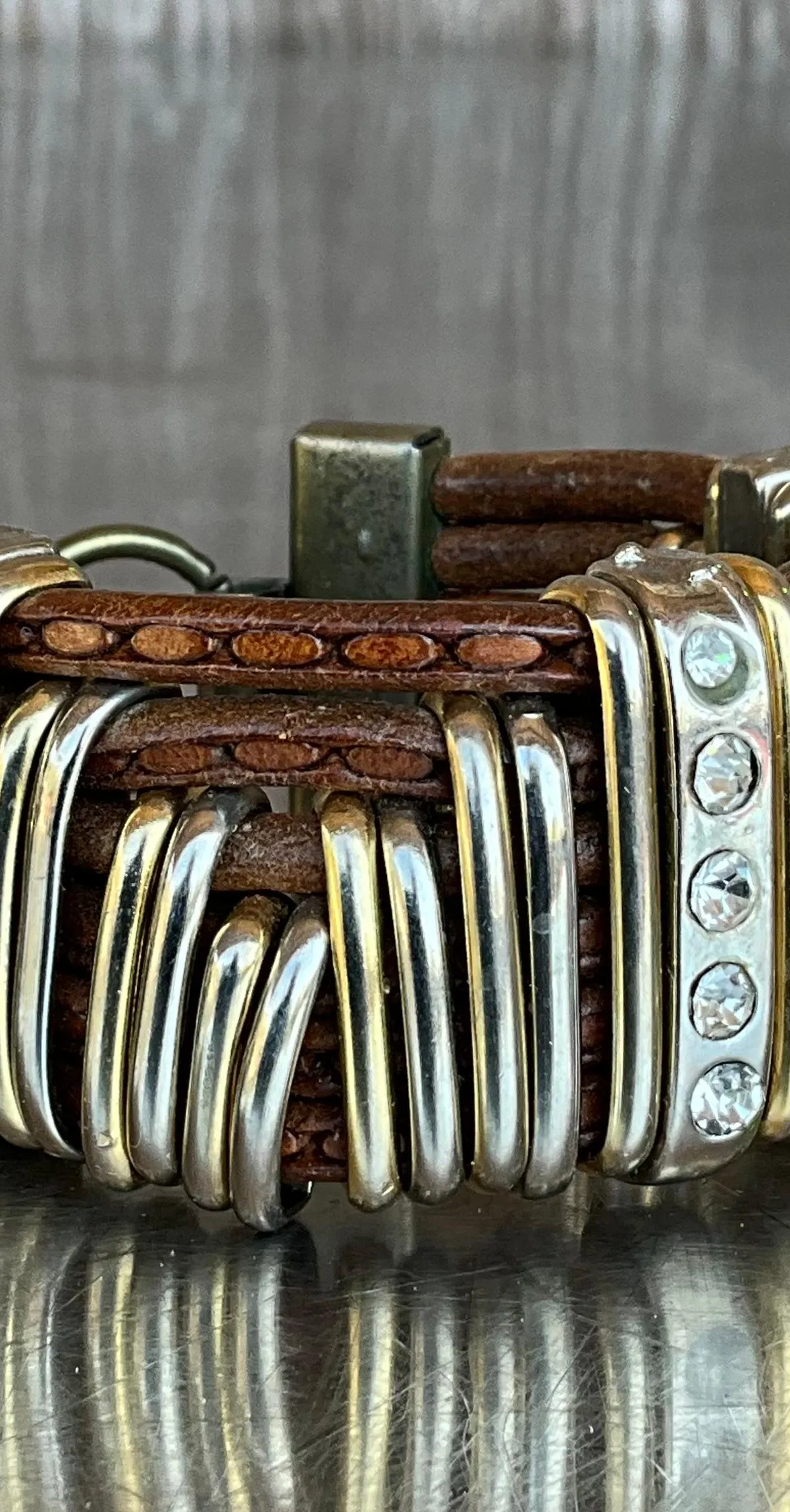 Vintage Leather & Silver Rhinestone Cuff Bracelet — additional photo 7