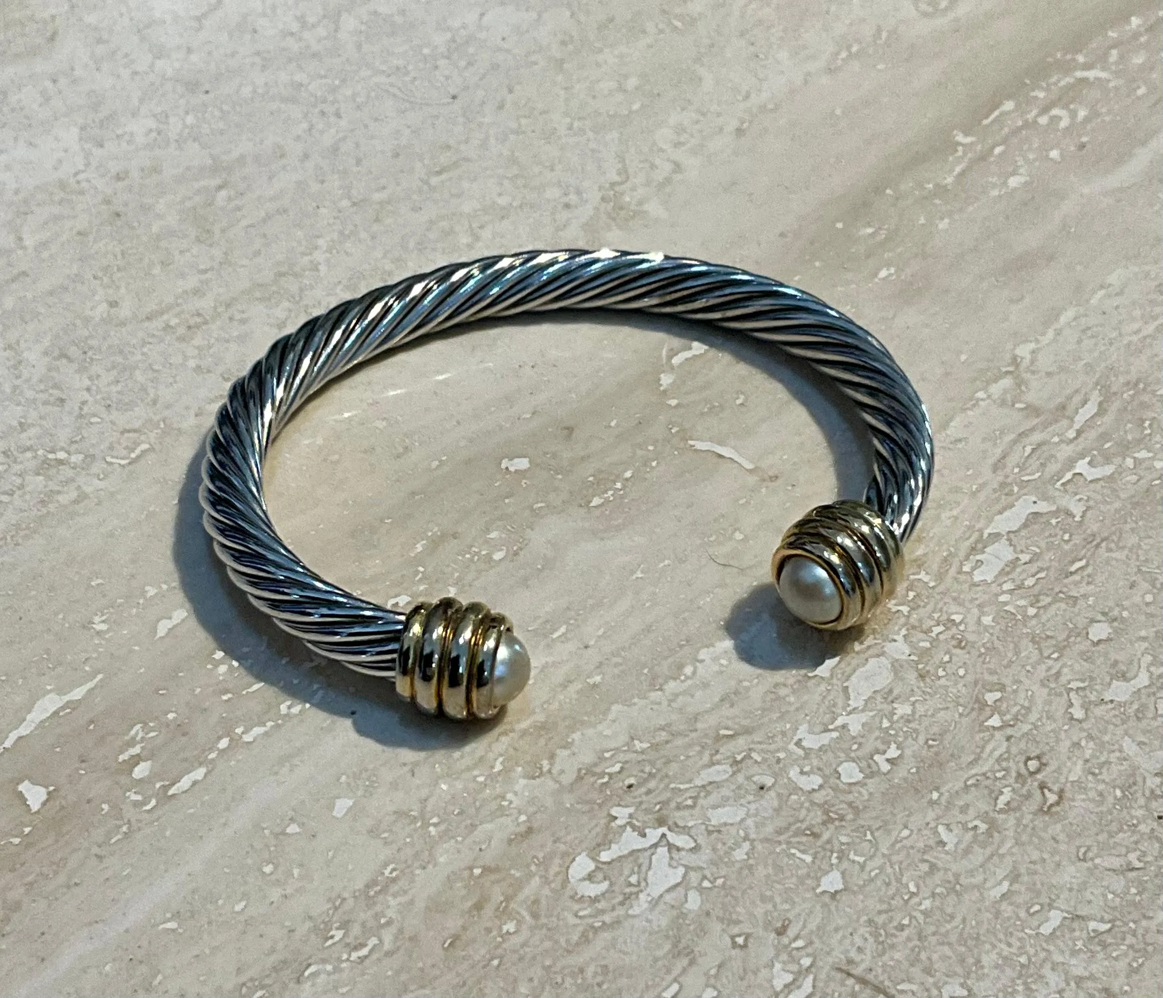 Vintage Silver Classic Cable Bracelet with Pearl Accents — additional photo 1