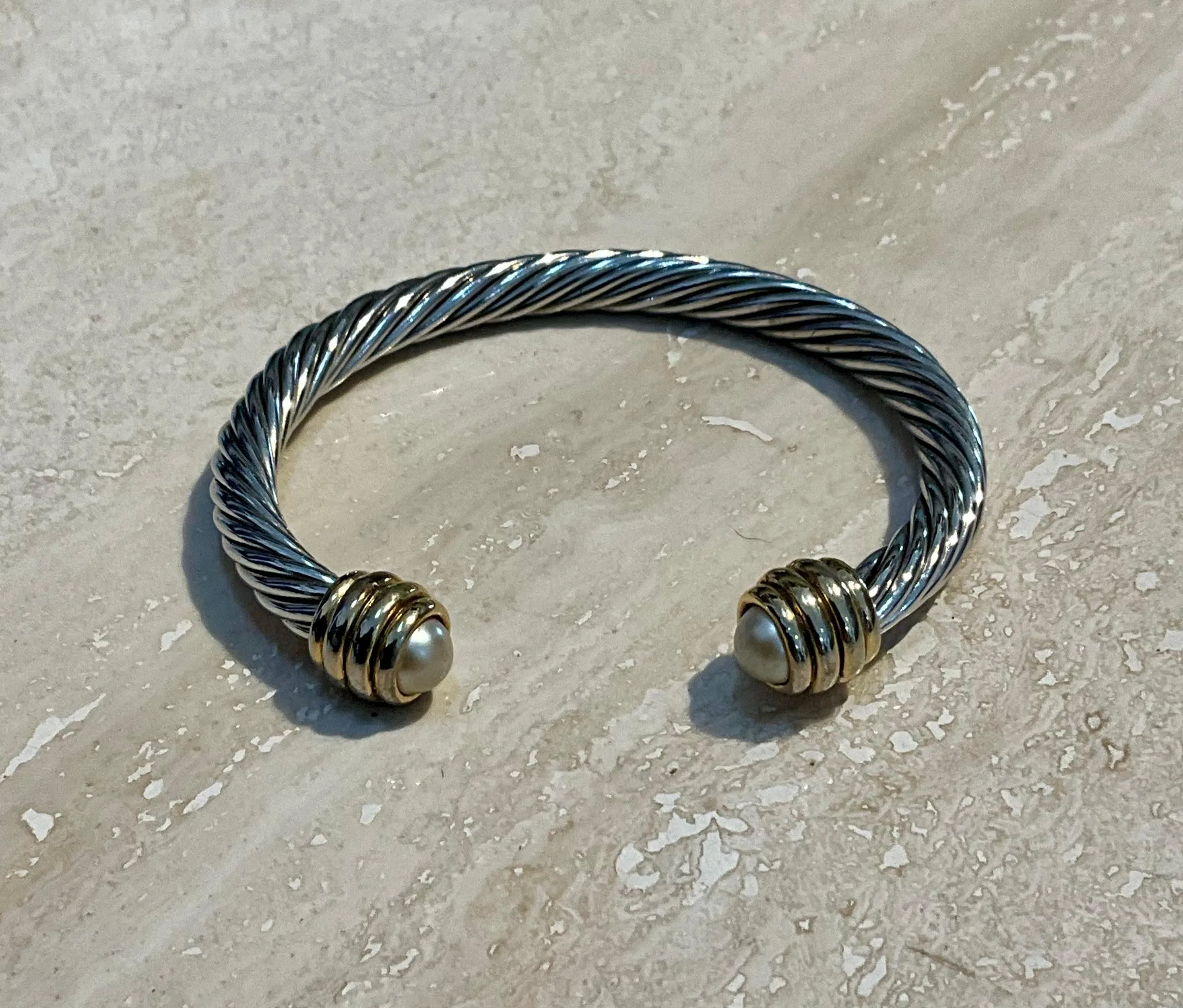 Vintage Silver Classic Cable Bracelet with Pearl Accents — additional photo 2