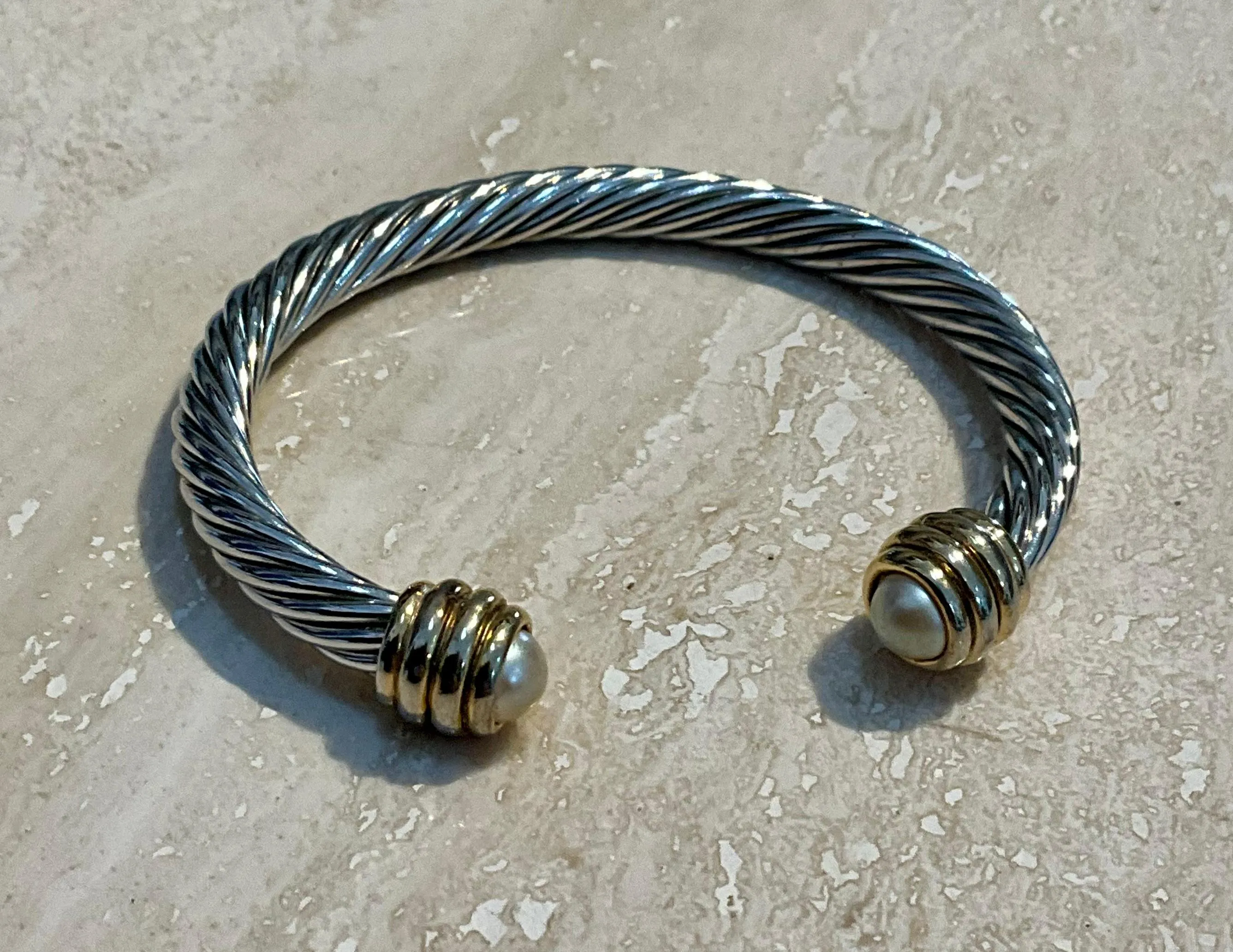 Vintage Silver Classic Cable Bracelet with Pearl Accents — additional photo 4