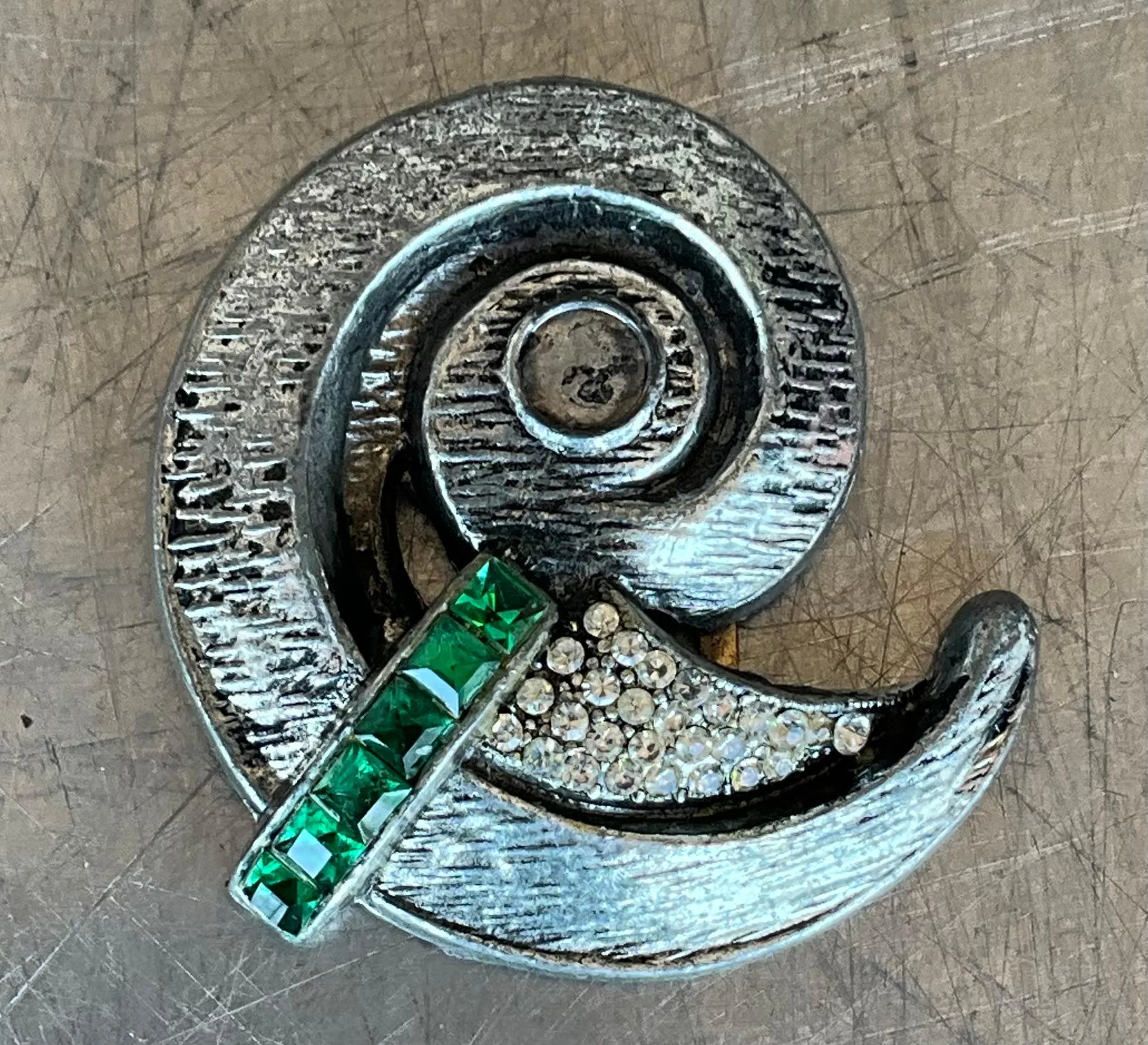 Vintage Silver Spiral Brooch with Green Detail — additional photo 2