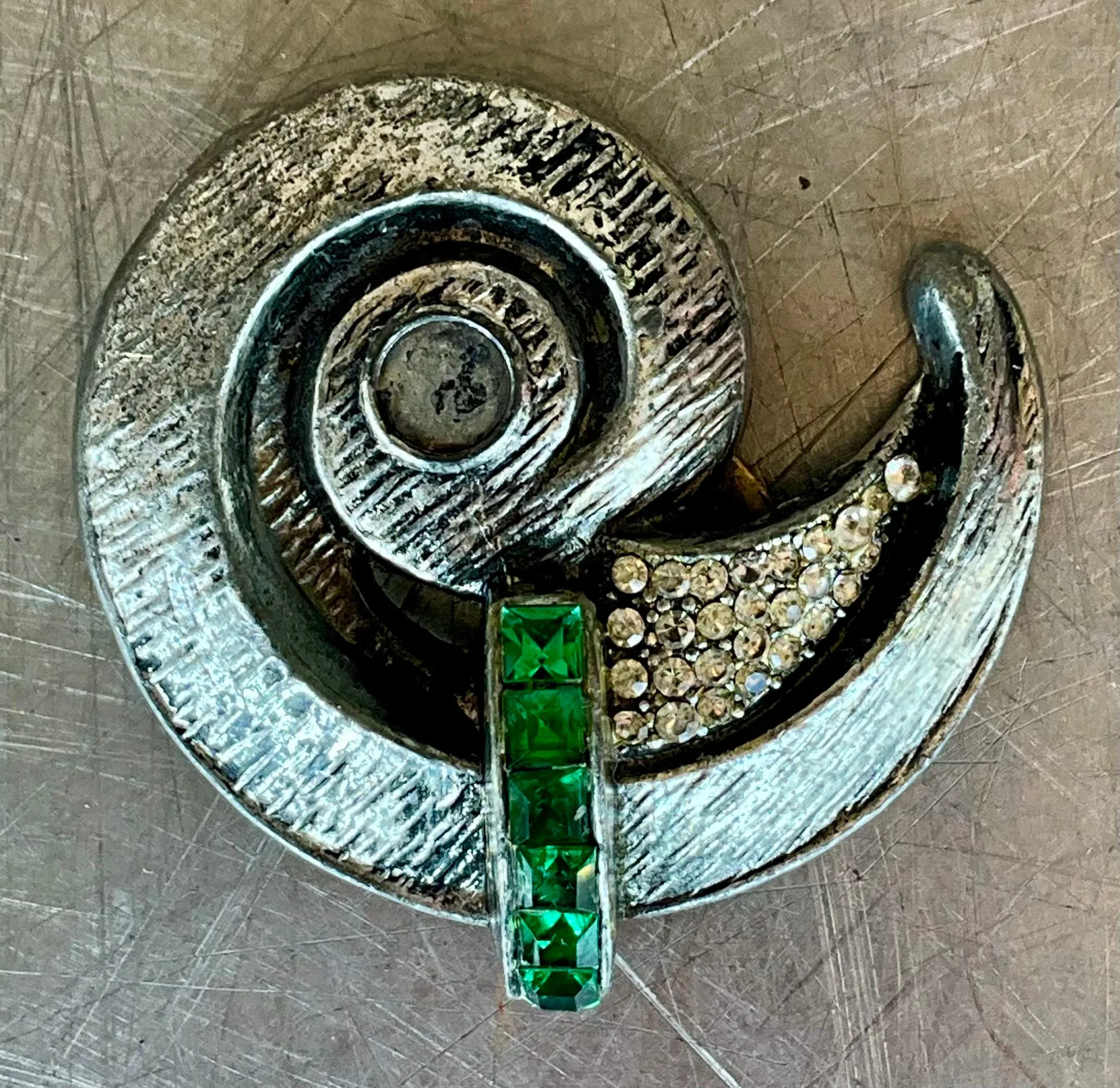 Vintage Silver Spiral Brooch with Green Detail — additional photo 5