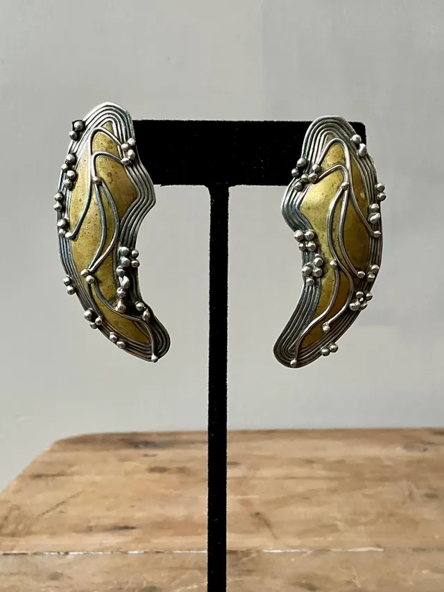 Vintage Boho Robin Schechtel Brass on Sterling Modernist Earrings — additional photo 2