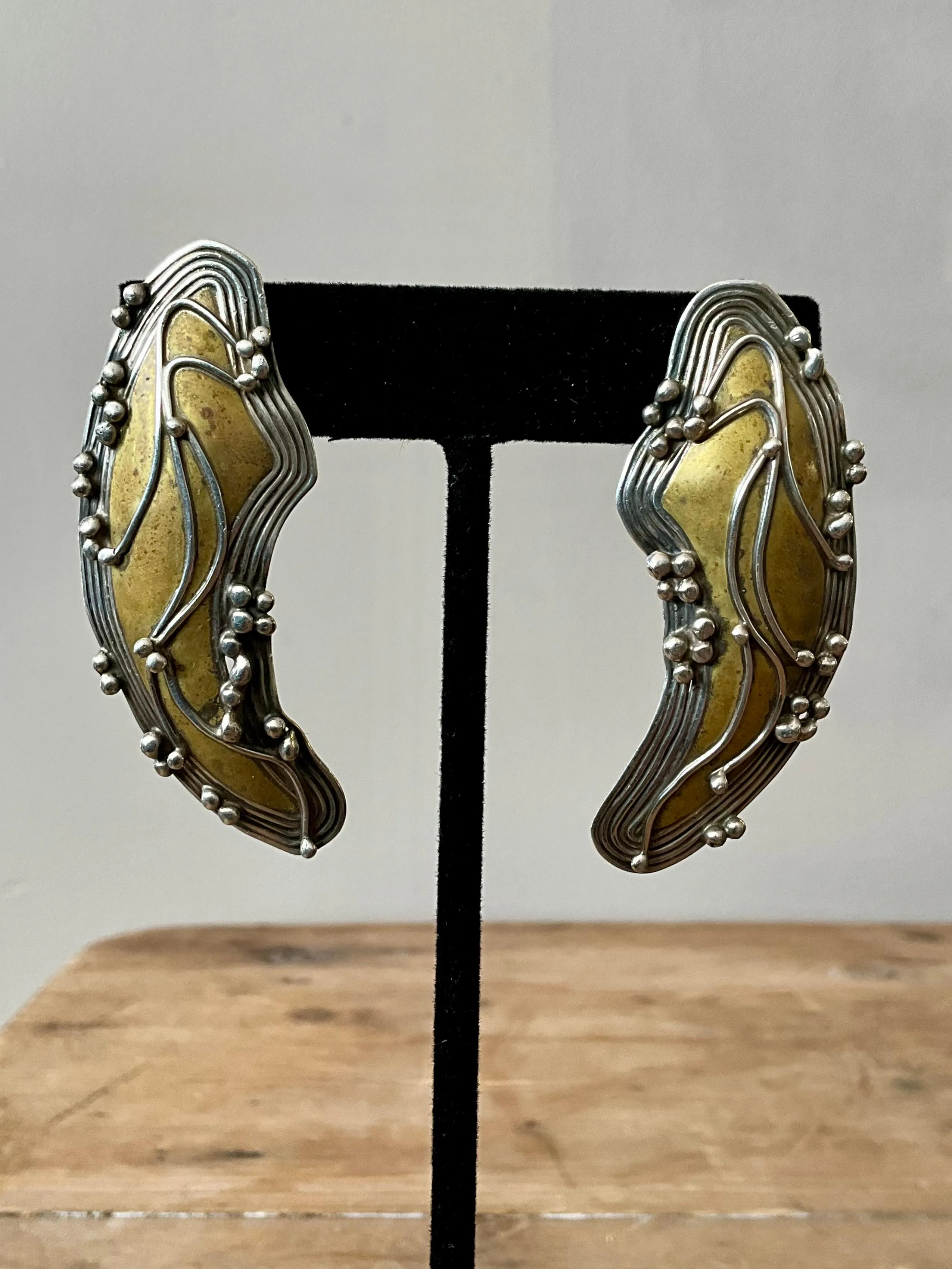 Vintage Boho Robin Schechtel Brass on Sterling Modernist Earrings — additional photo 3