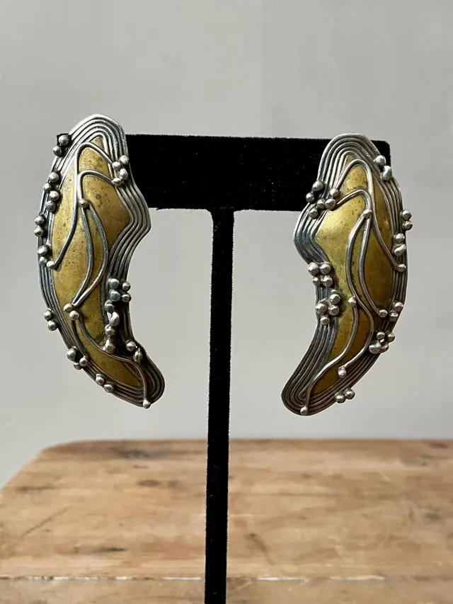 Vintage Boho Robin Schechtel Brass on Sterling Modernist Earrings — additional photo 3