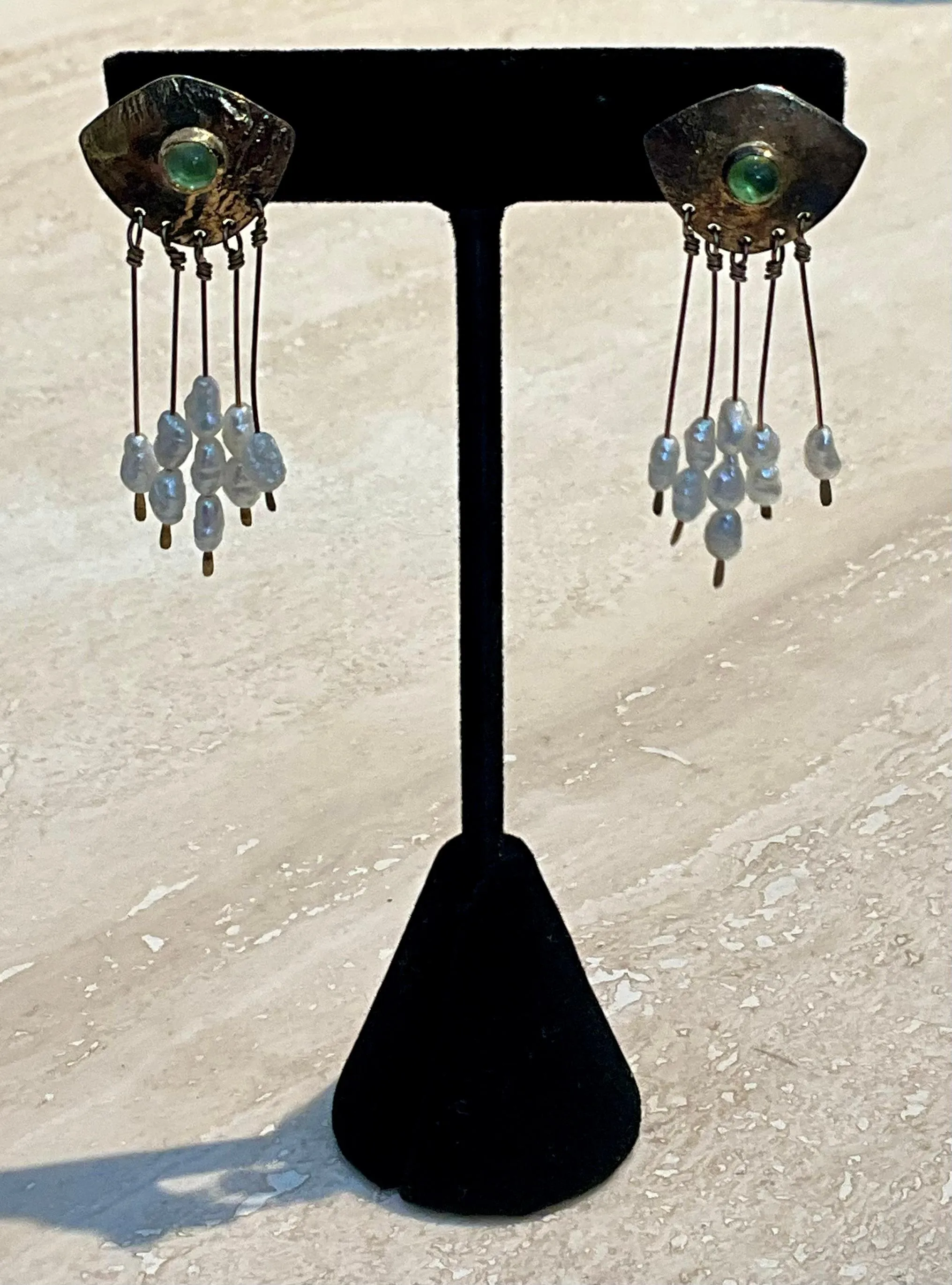 Vintage Peridot & Pearl Brass Earrings — additional photo 1