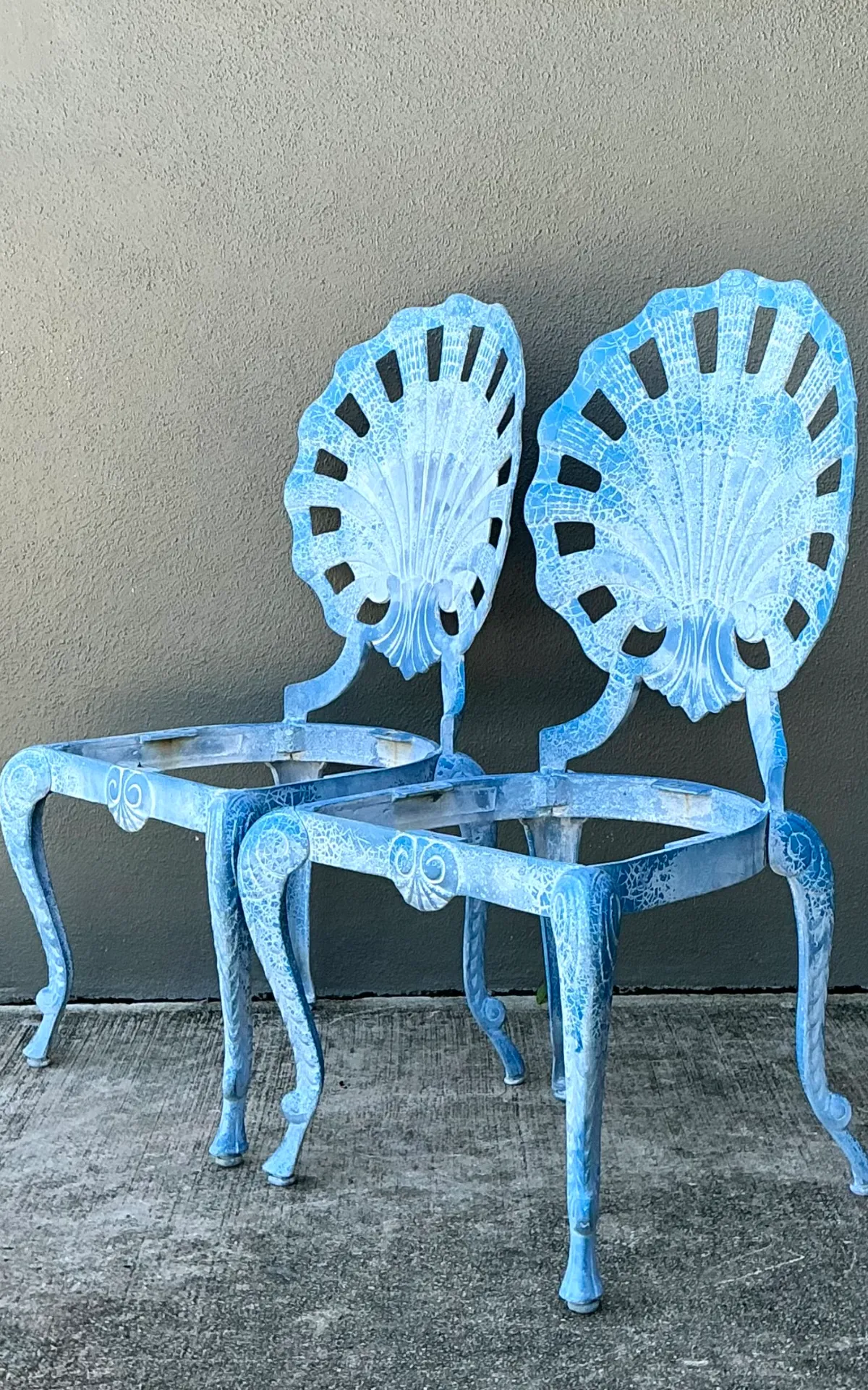 Vintage Blue Metal Shell Back Grotto Chairs - A Pair