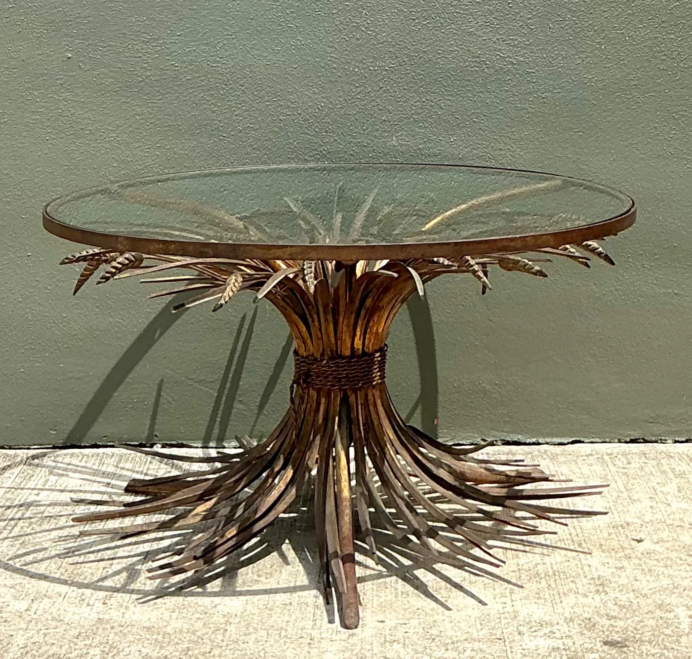 Vintage Distressed Gilt Metal and Glass Wheat Sheaf Table — additional photo 6