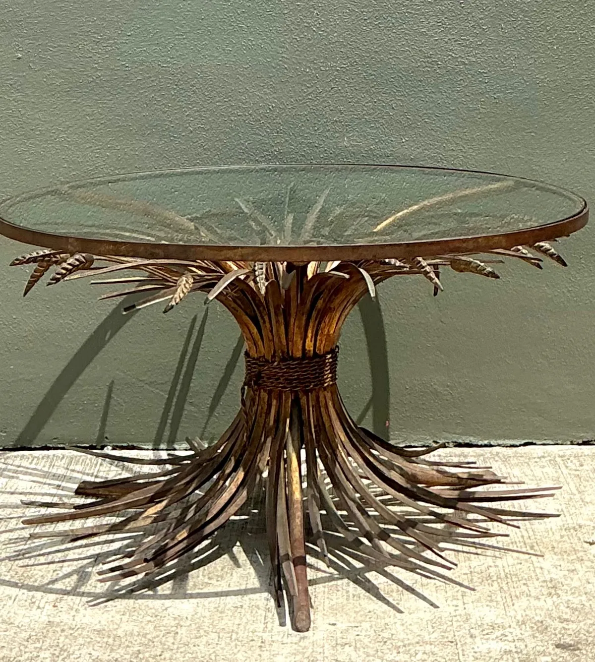 Vintage Distressed Gilt Metal and Glass Wheat Sheaf Table — additional photo 6