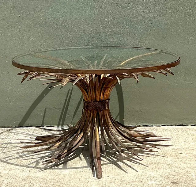Vintage Distressed Gilt Metal and Glass Wheat Sheaf Table — additional photo 6