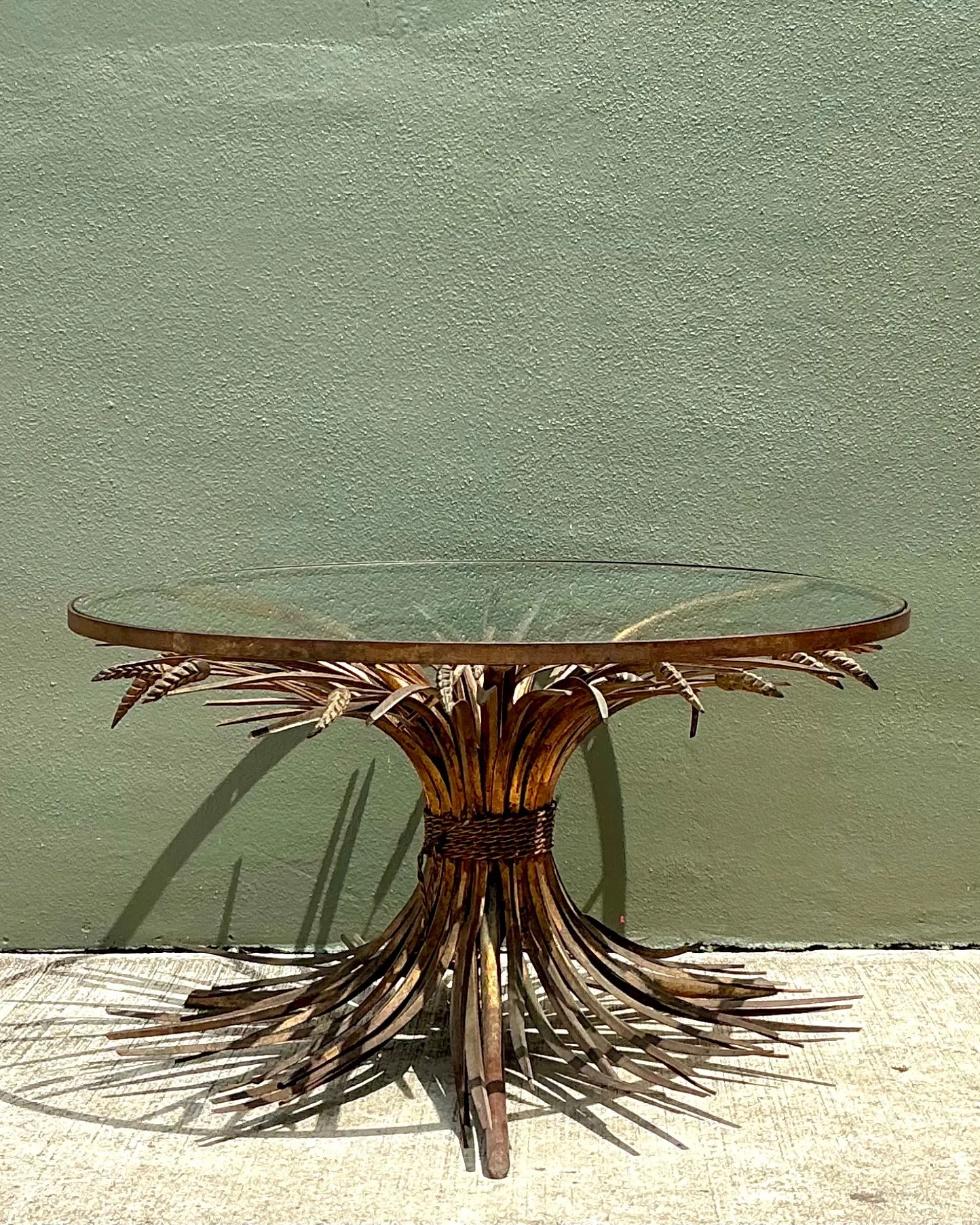 Vintage Distressed Gilt Metal and Glass Wheat Sheaf Table — additional photo 7
