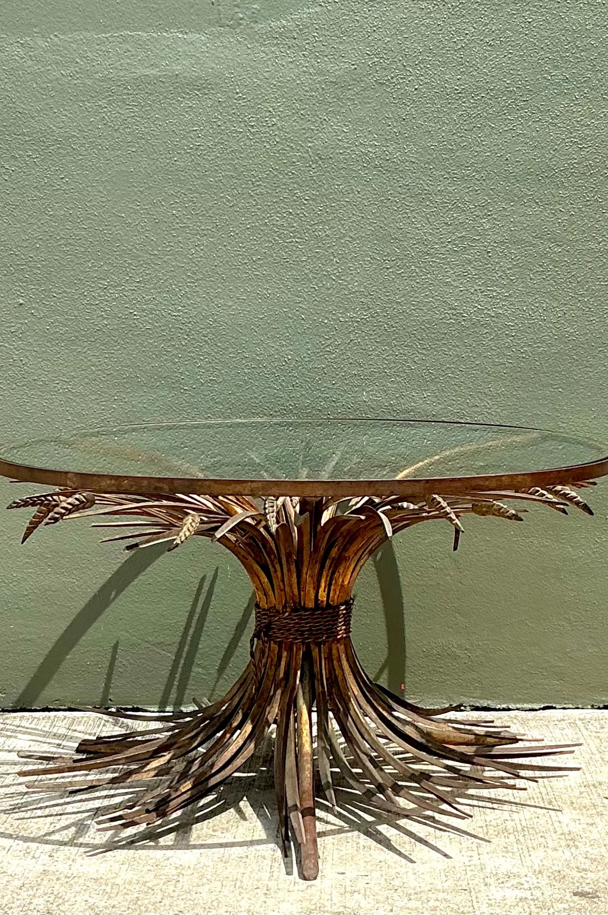 Vintage Distressed Gilt Metal and Glass Wheat Sheaf Table — additional photo 7