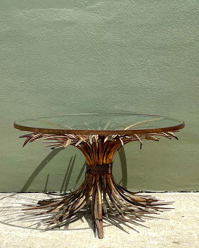 Vintage Distressed Gilt Metal and Glass Wheat Sheaf Table — additional photo 7