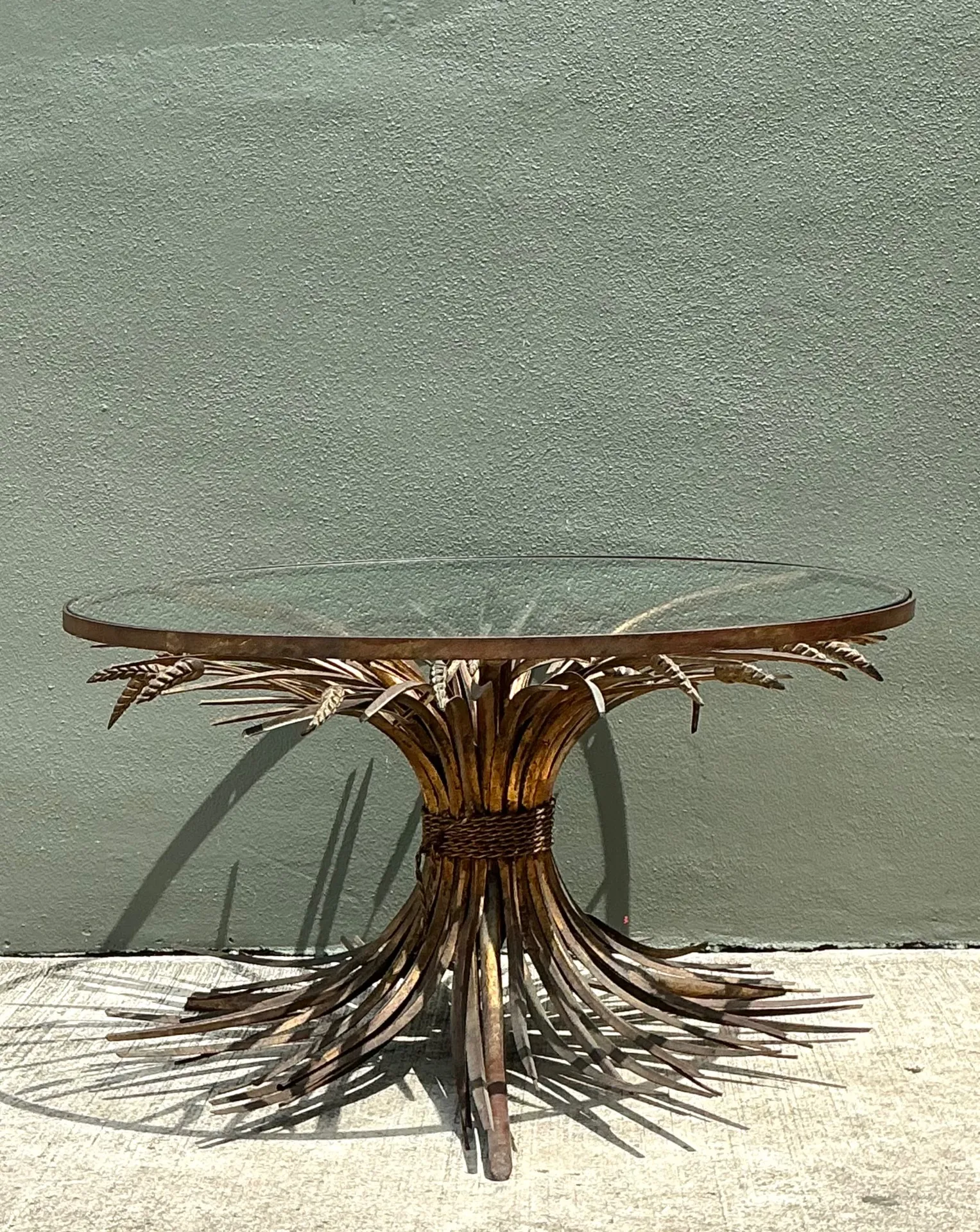 Vintage Distressed Gilt Metal and Glass Wheat Sheaf Table — additional photo 5
