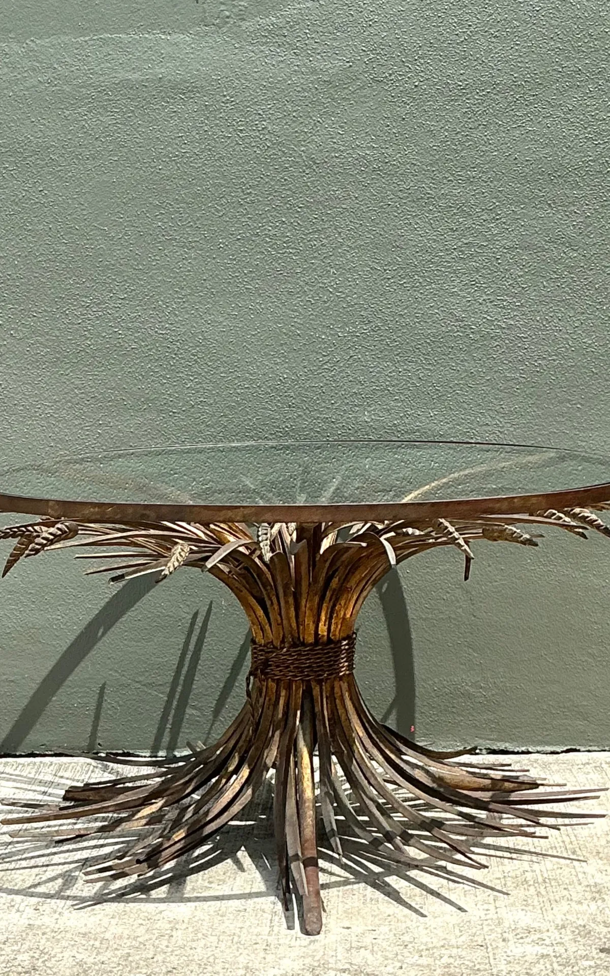 Vintage Distressed Gilt Metal and Glass Wheat Sheaf Table — additional photo 5