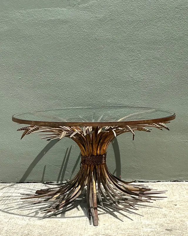 Vintage Distressed Gilt Metal and Glass Wheat Sheaf Table — additional photo 5