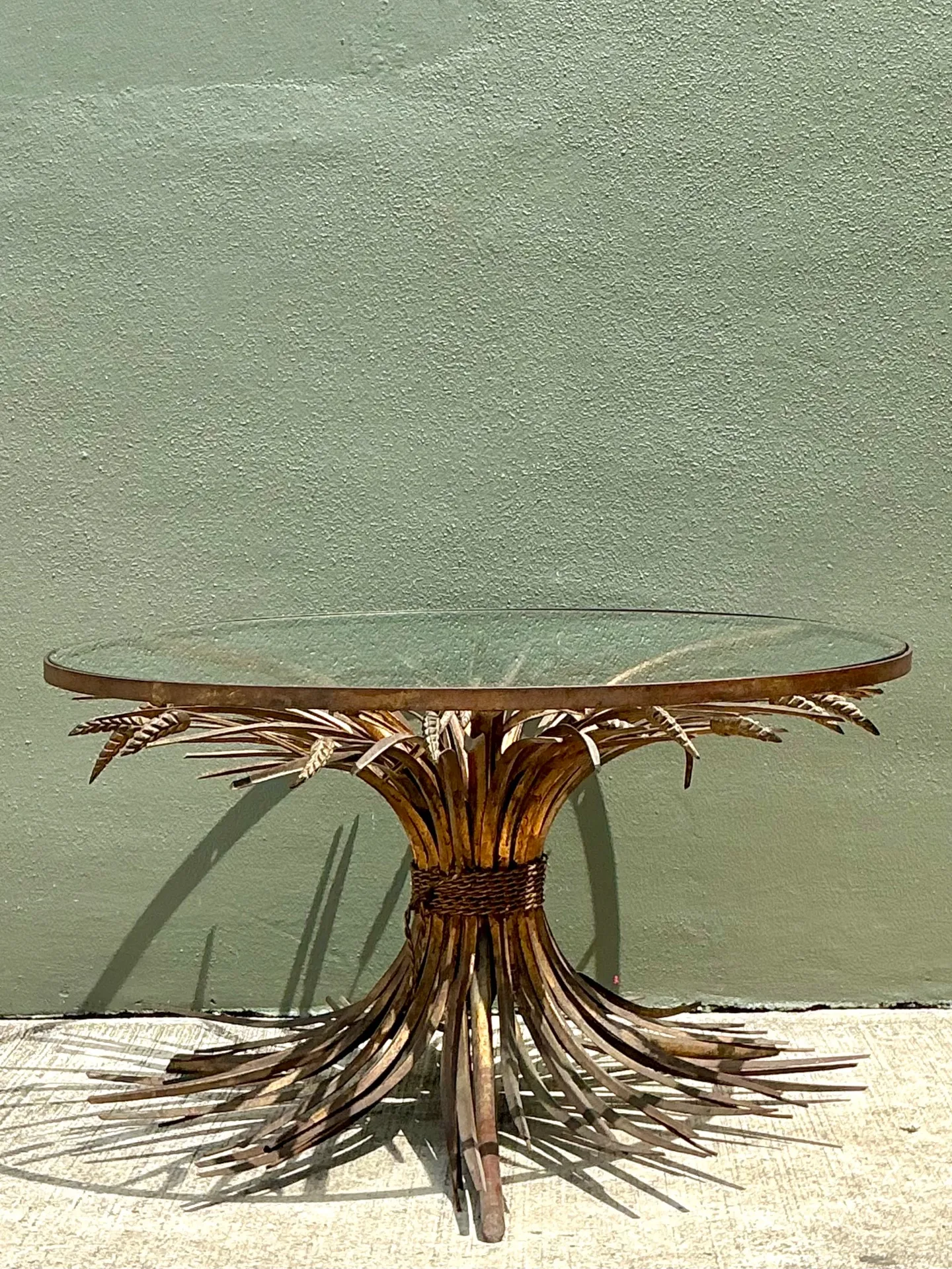 Vintage Distressed Gilt Metal and Glass Wheat Sheaf Table — additional photo 3