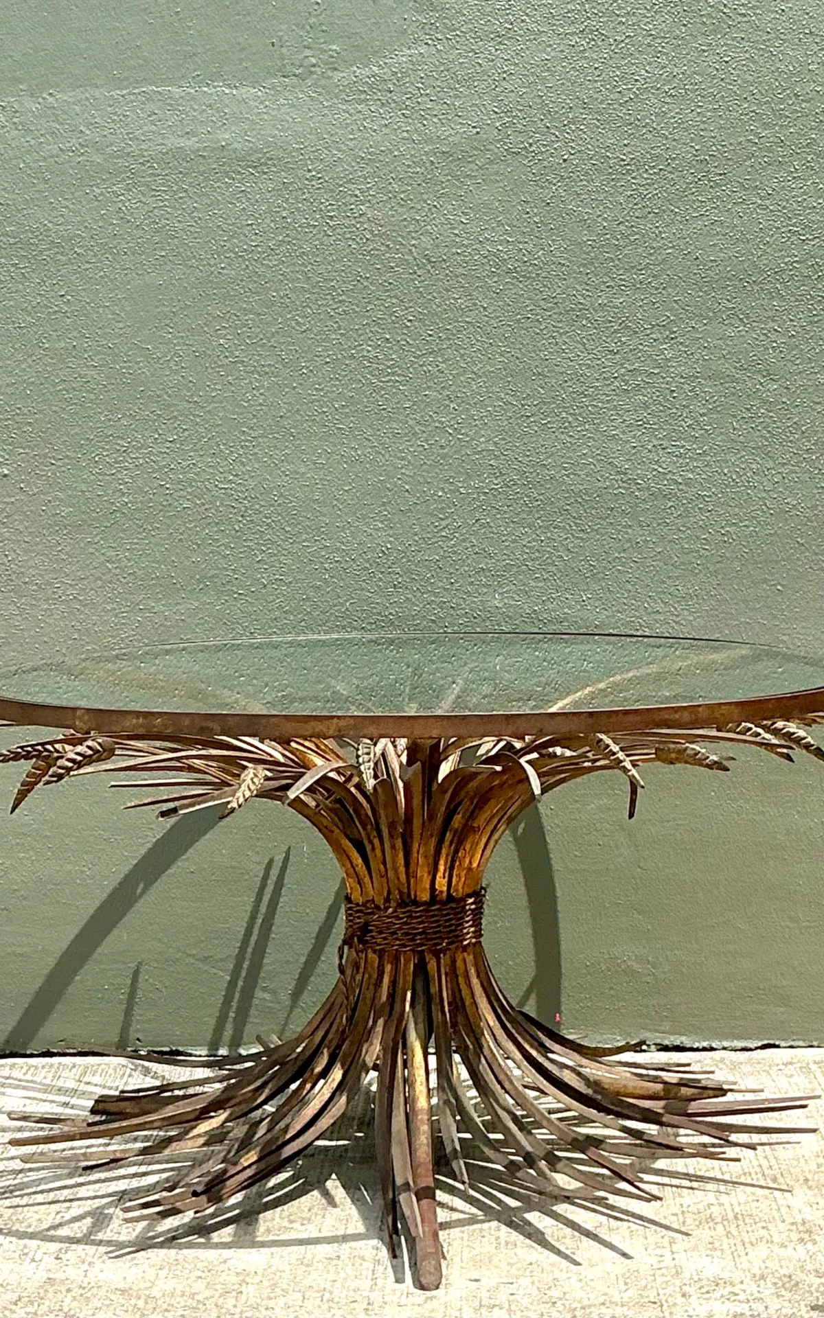 Vintage Distressed Gilt Metal and Glass Wheat Sheaf Table — additional photo 3