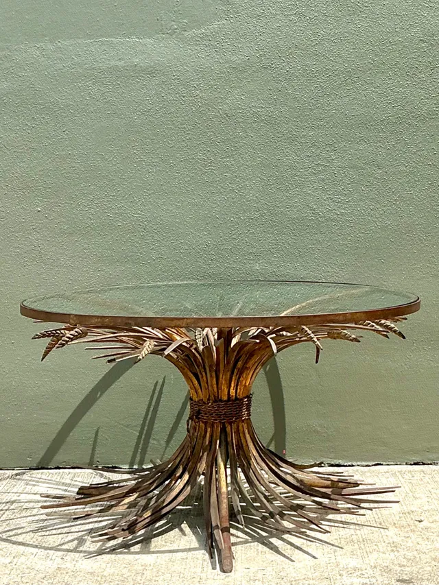 Vintage Distressed Gilt Metal and Glass Wheat Sheaf Table — additional photo 3