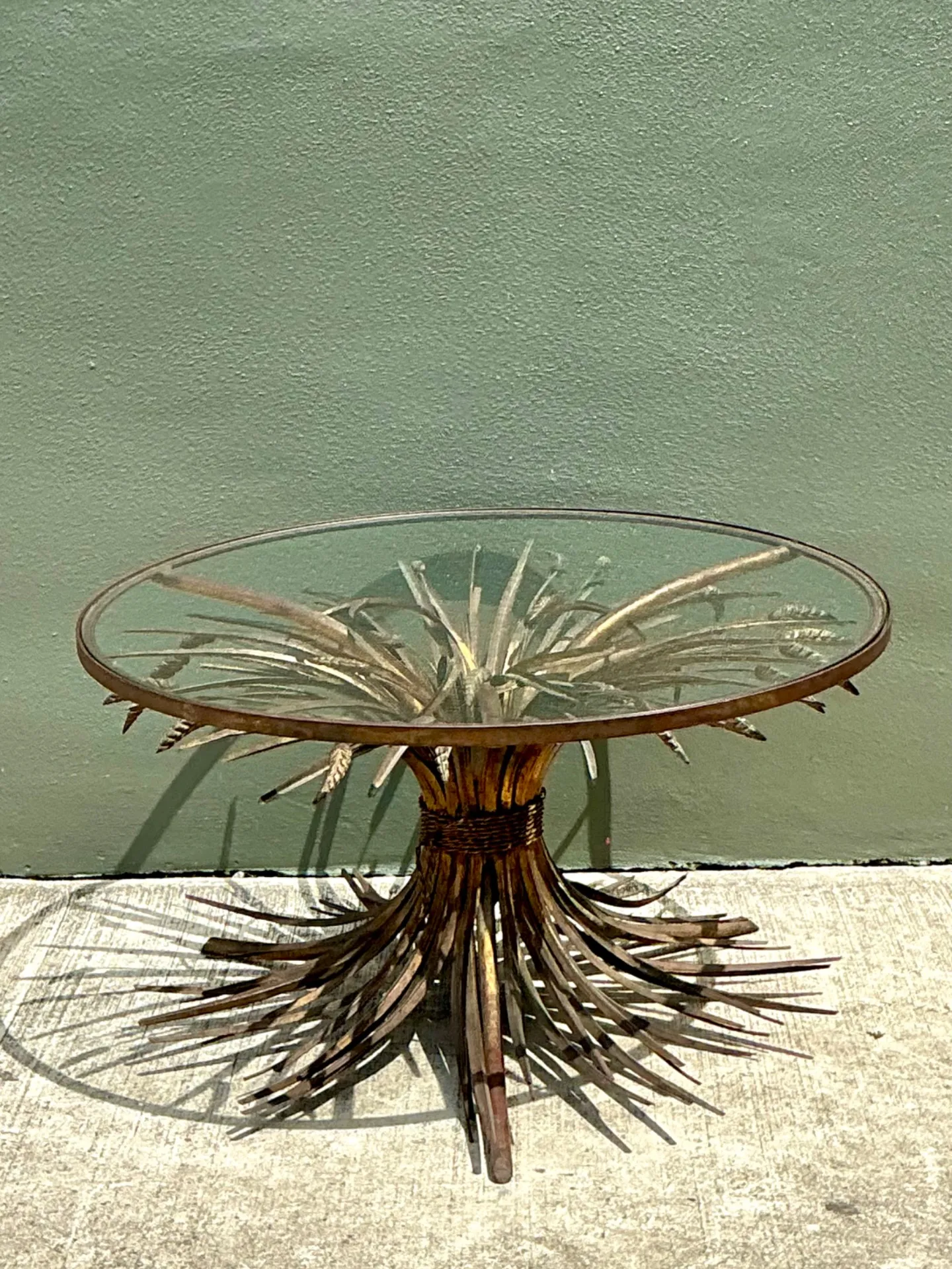 Vintage Distressed Gilt Metal and Glass Wheat Sheaf Table — additional photo 2