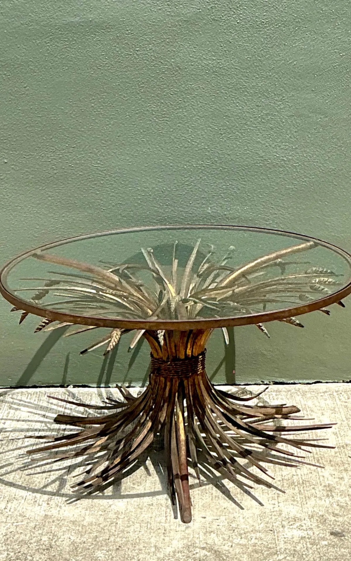 Vintage Distressed Gilt Metal and Glass Wheat Sheaf Table — additional photo 2