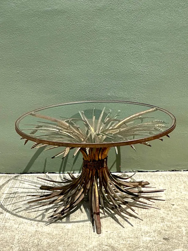 Vintage Distressed Gilt Metal and Glass Wheat Sheaf Table — additional photo 2