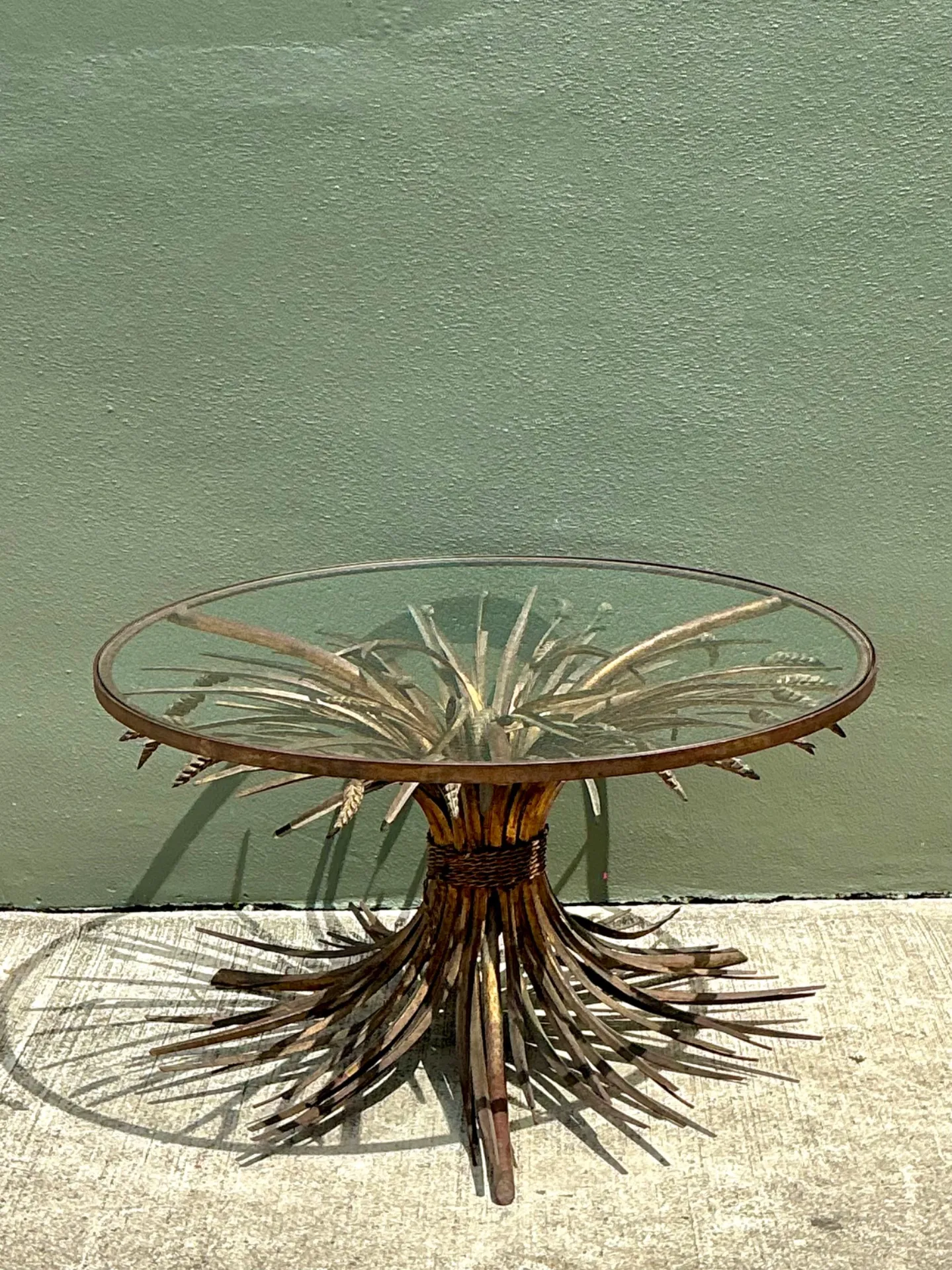 Vintage Distressed Gilt Metal and Glass Wheat Sheaf Table — additional photo 4