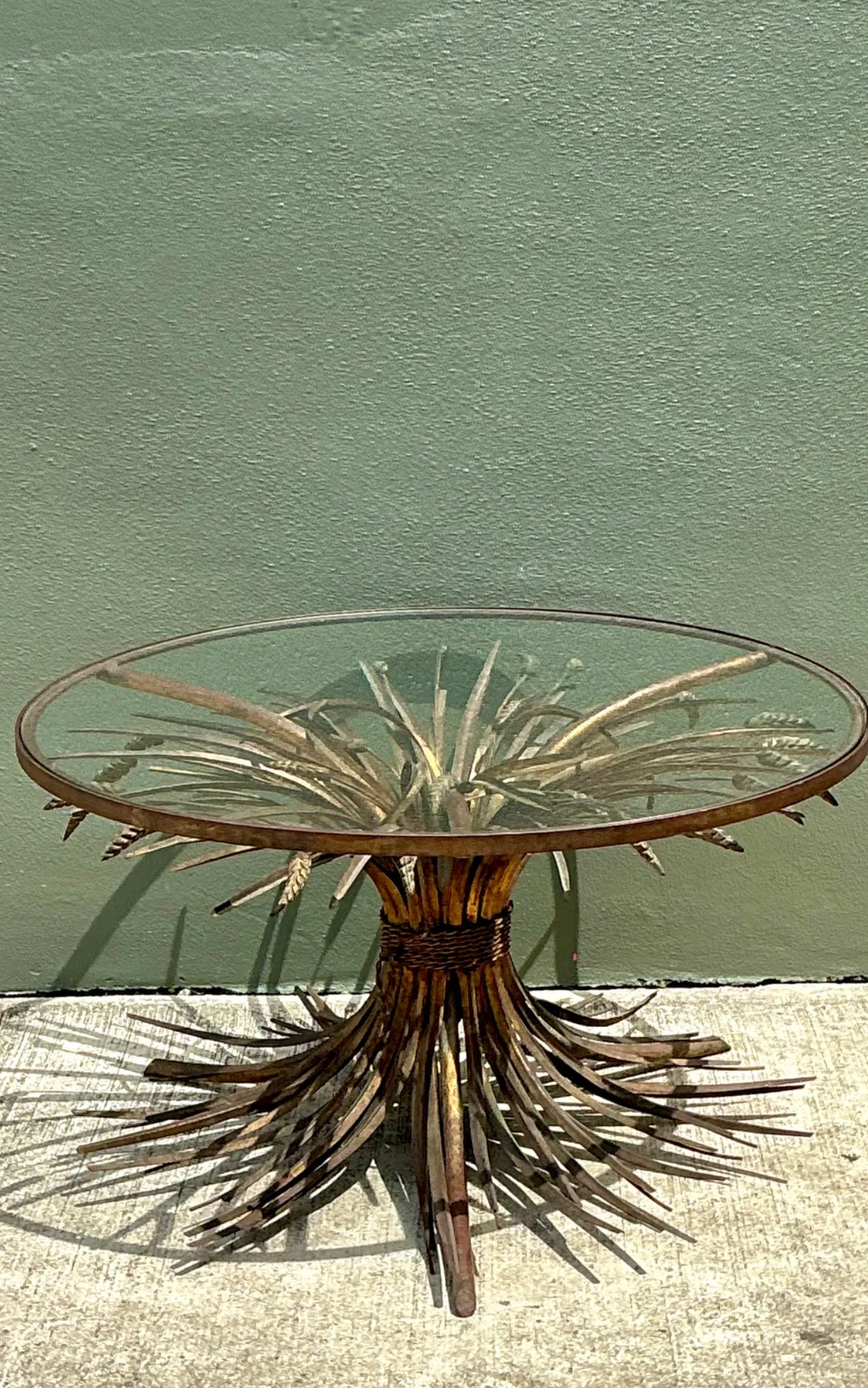 Vintage Distressed Gilt Metal and Glass Wheat Sheaf Table — additional photo 4