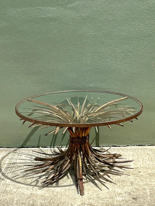 Vintage Distressed Gilt Metal and Glass Wheat Sheaf Table — additional photo 4