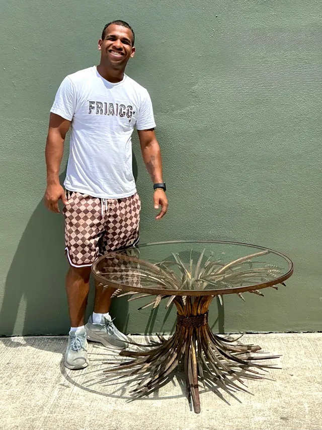 Vintage Distressed Gilt Metal and Glass Wheat Sheaf Table — additional photo 1