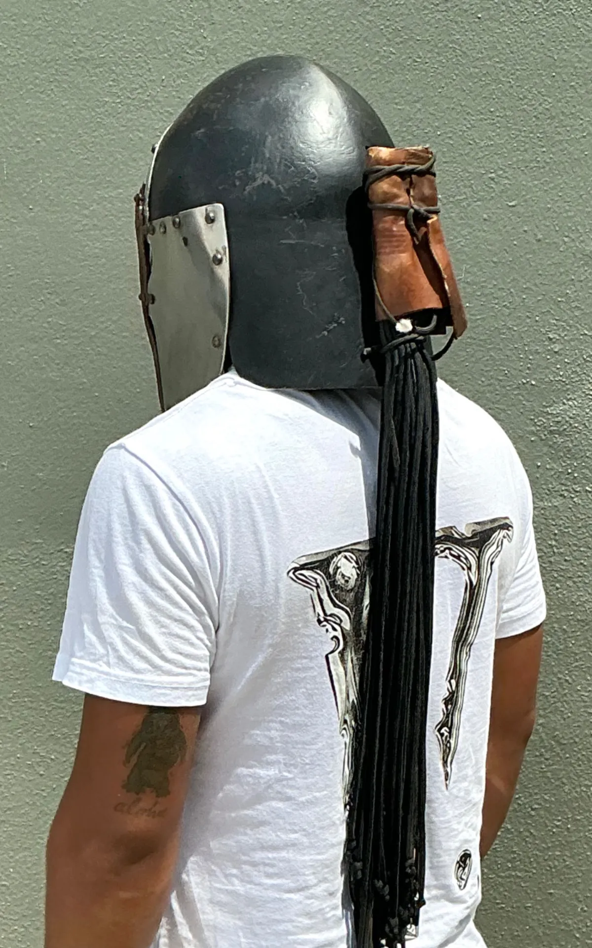 Vintage Gothic Metal Helmet With Leather Detail - Close-up view