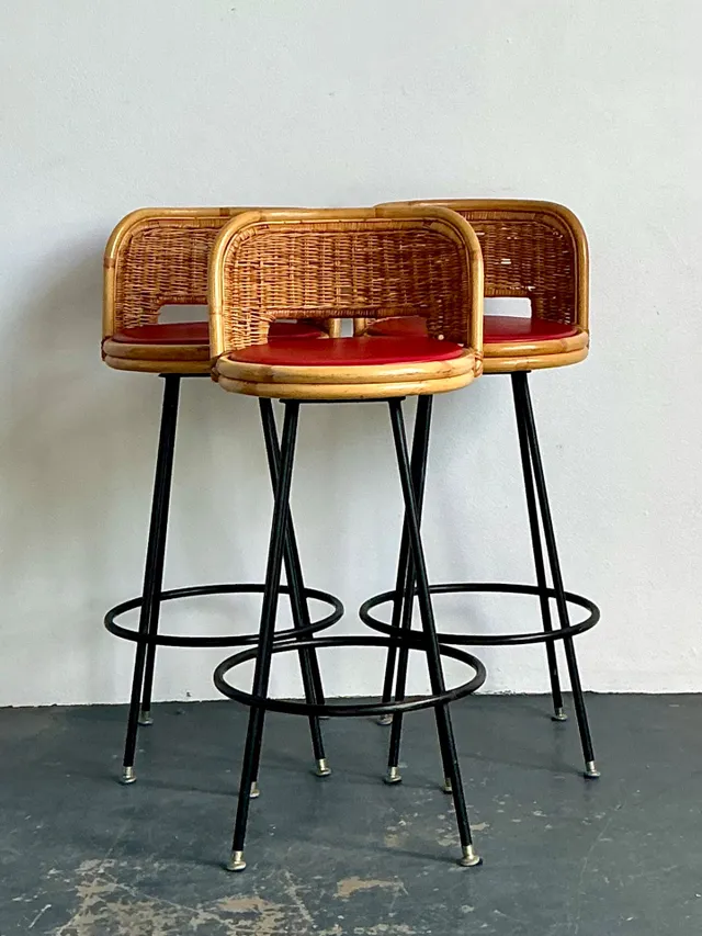 Vintage Rattan and Metal Bar Stools - Set of 3 — additional photo 3