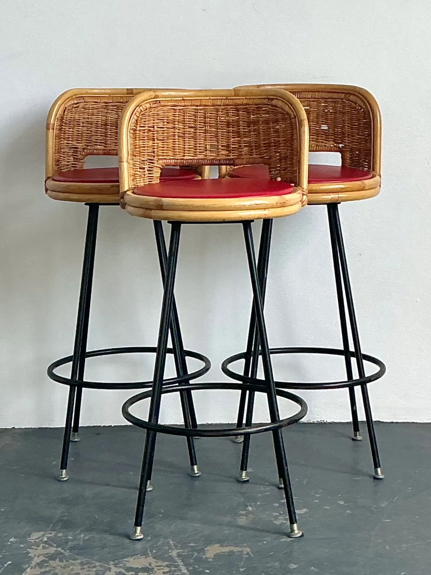 Vintage Rattan and Metal Bar Stools - Set of 3 — additional photo 2