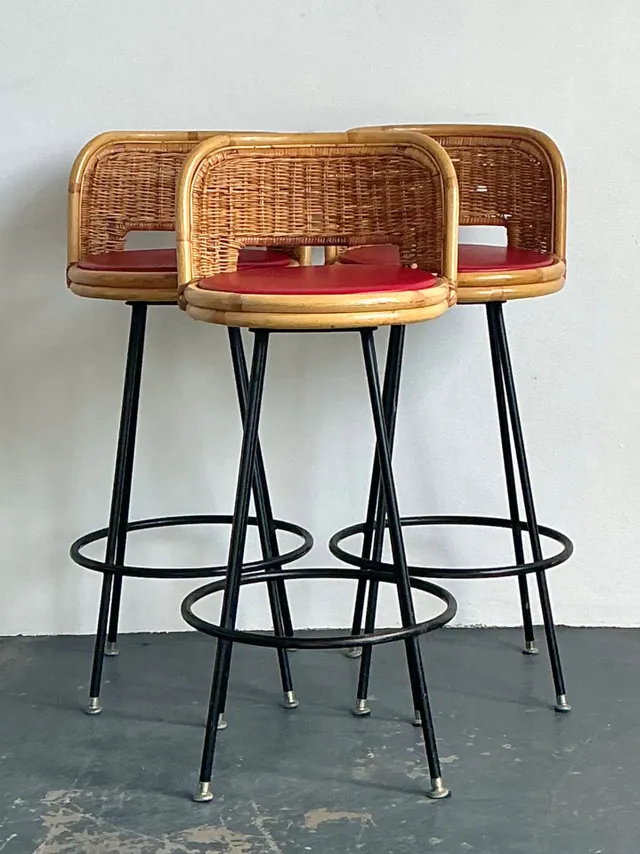 Vintage Rattan and Metal Bar Stools - Set of 3 — additional photo 2