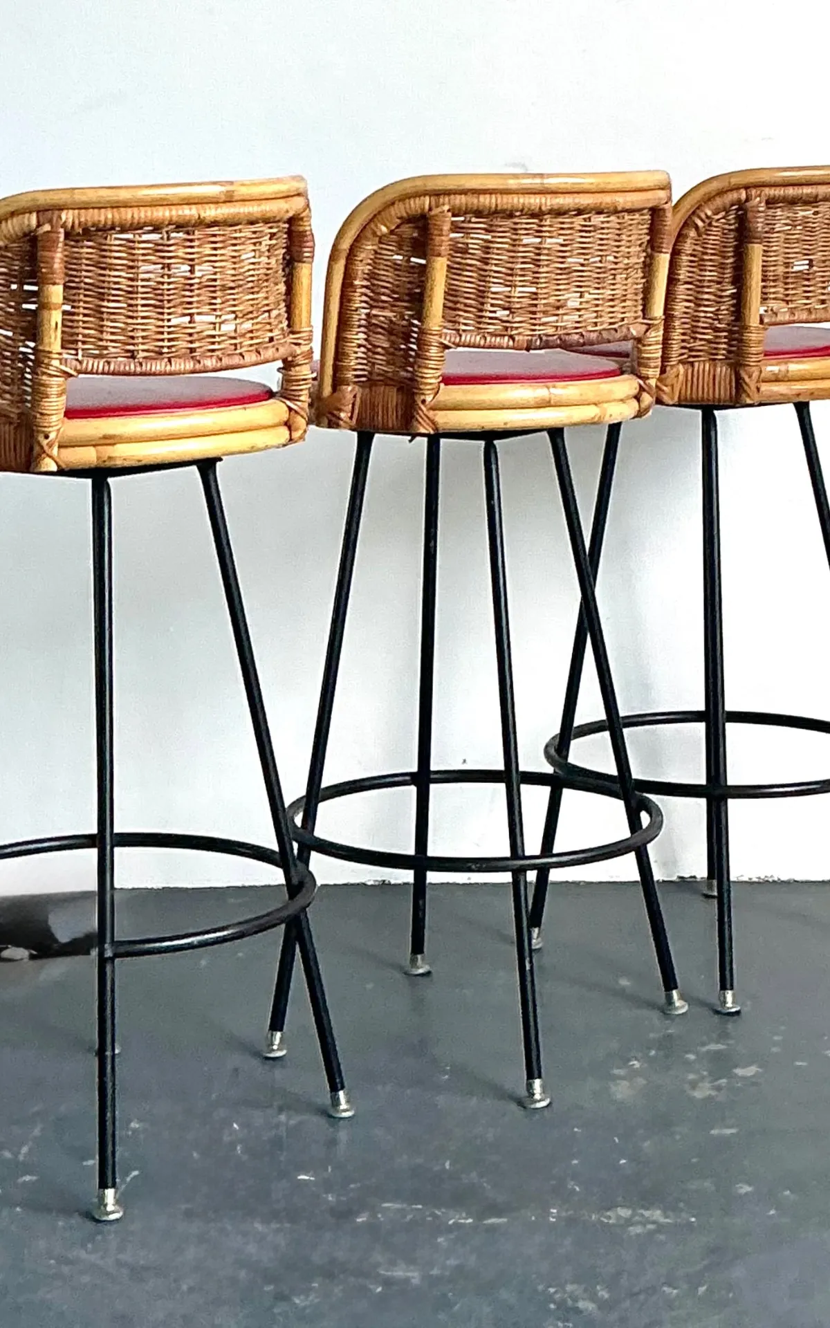Vintage Rattan and Metal Bar Stools - Set of 3
