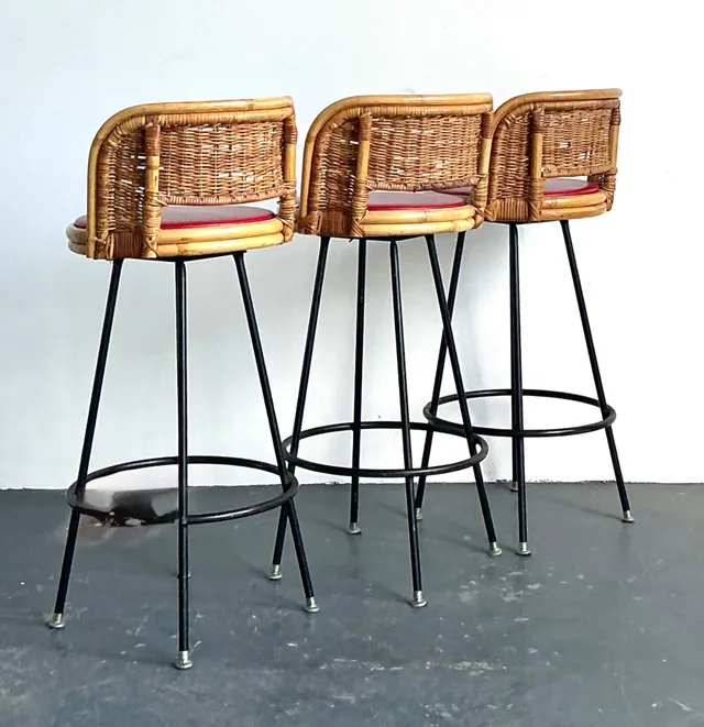 Vintage Rattan and Metal Bar Stools - Set of 3 — additional photo 1