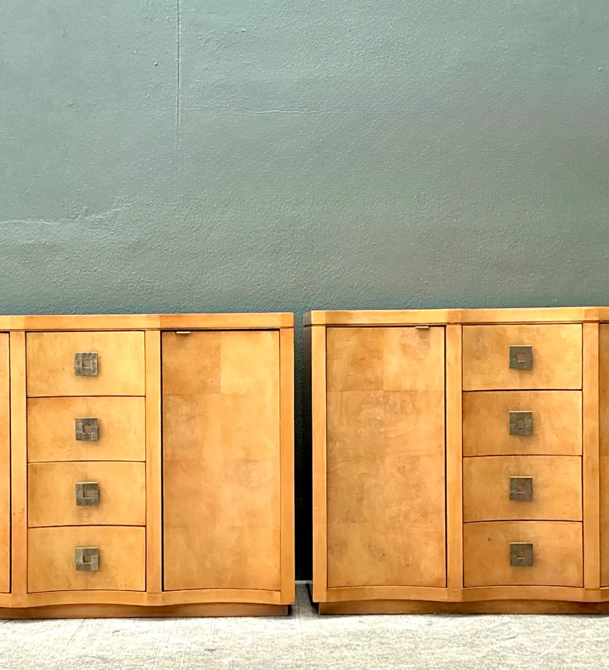 Vintage Deco Burl Wood and Metal Chest Of Drawers - A Pair