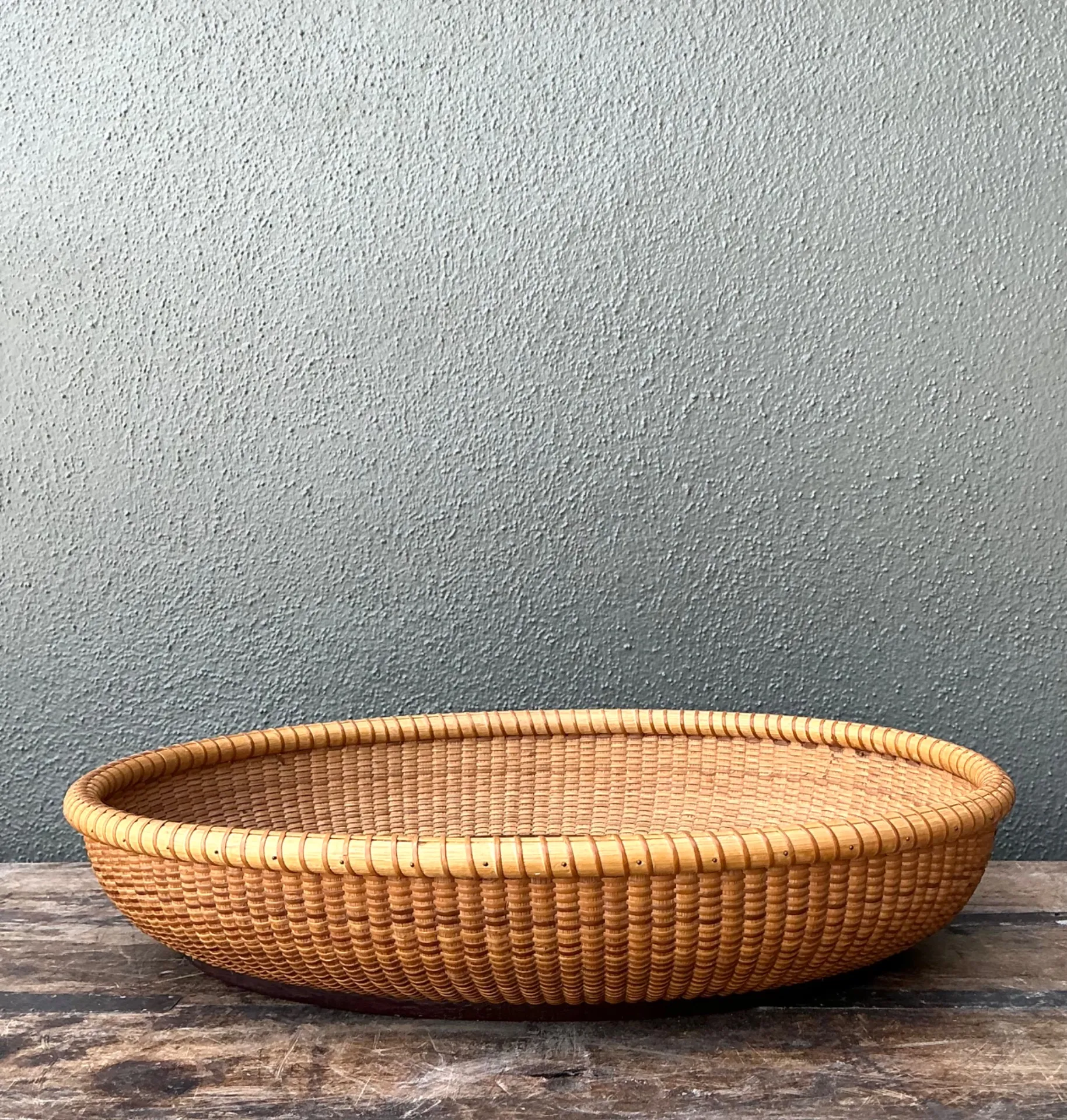 Vintage Rattan Woven Nantucket Basket With Wood Base — additional photo 2