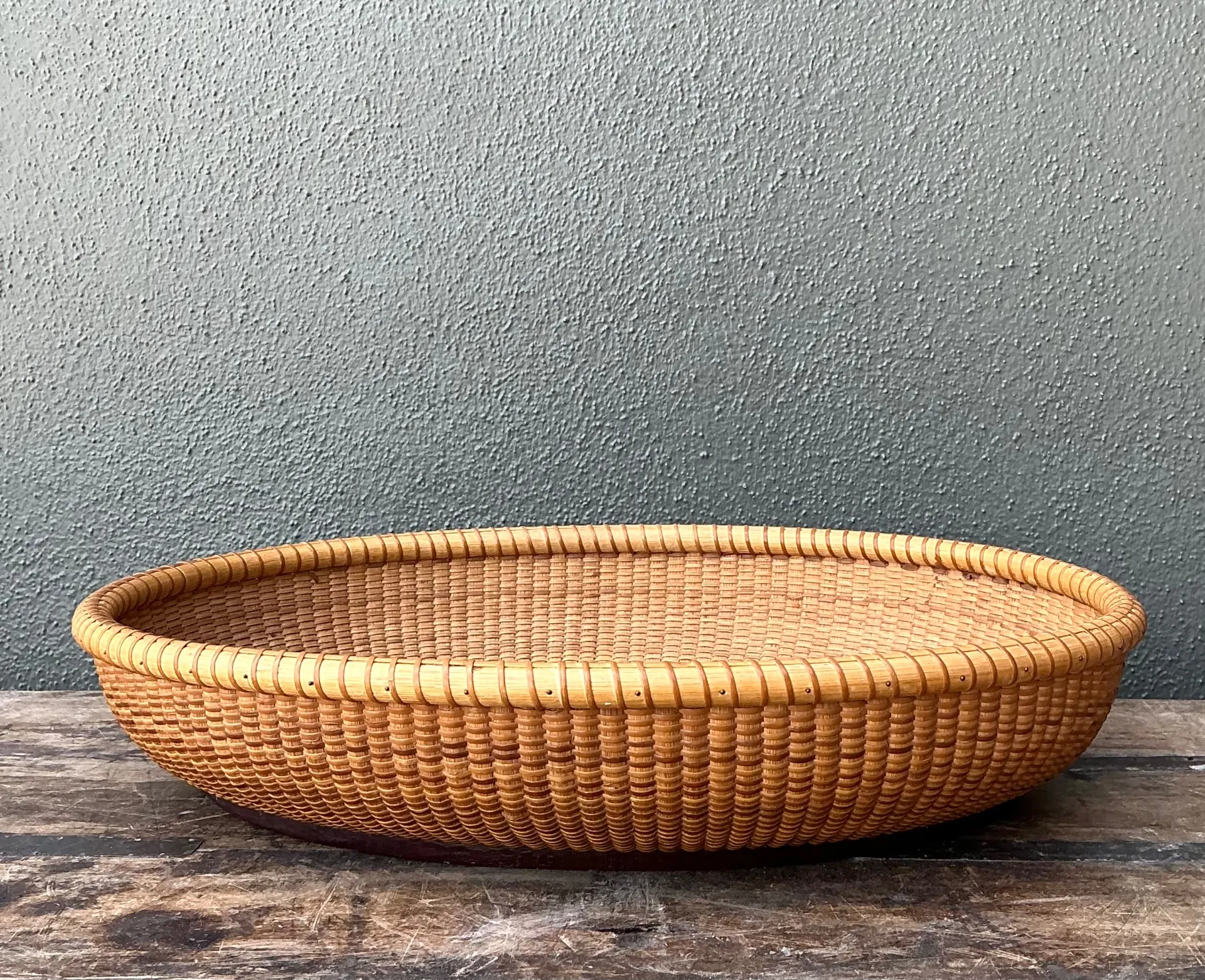 Vintage Rattan Woven Nantucket Basket With Wood Base — additional photo 7