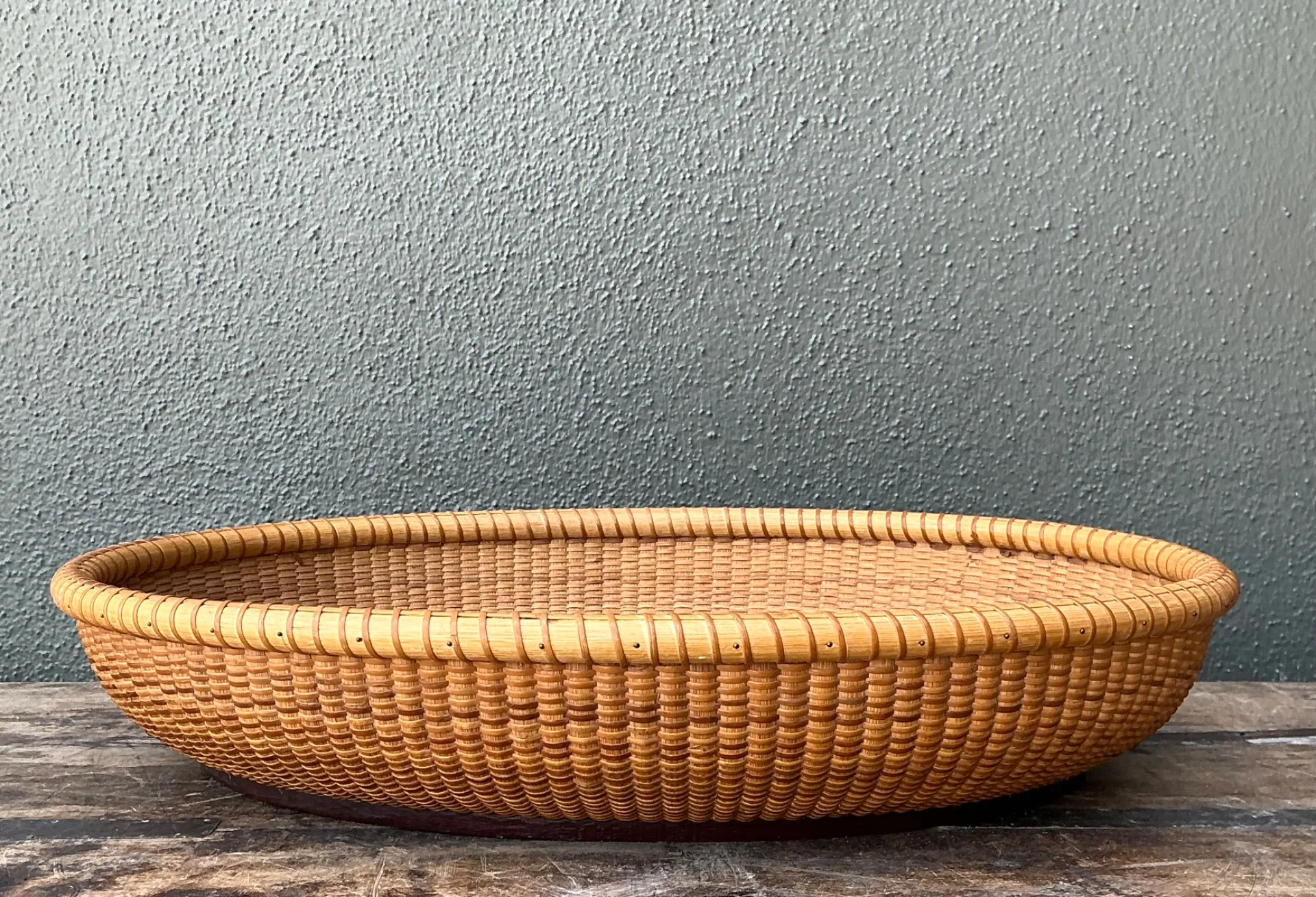 Vintage Rattan Woven Nantucket Basket With Wood Base — additional photo 8