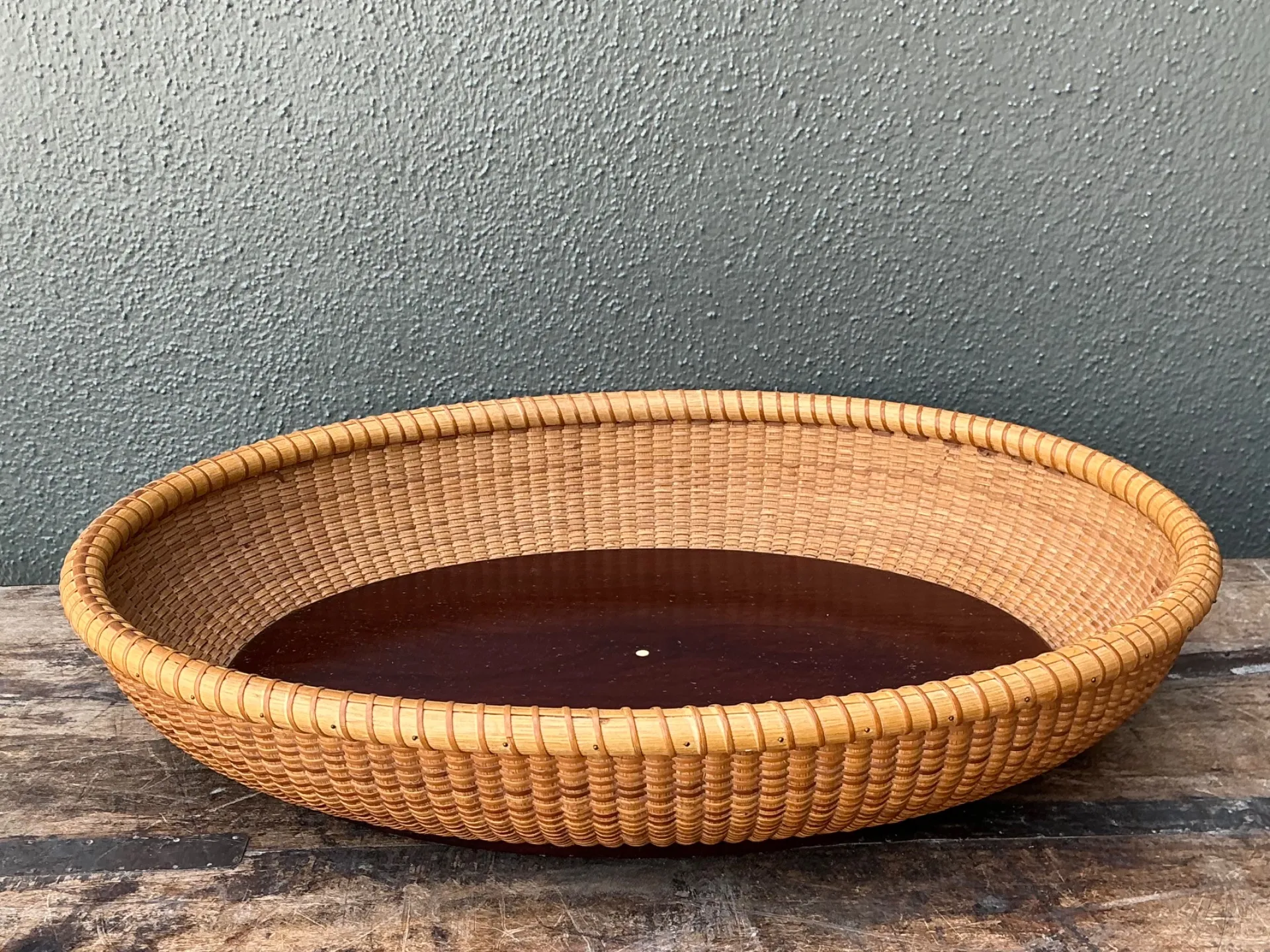 Vintage Rattan Woven Nantucket Basket With Wood Base — additional photo 3