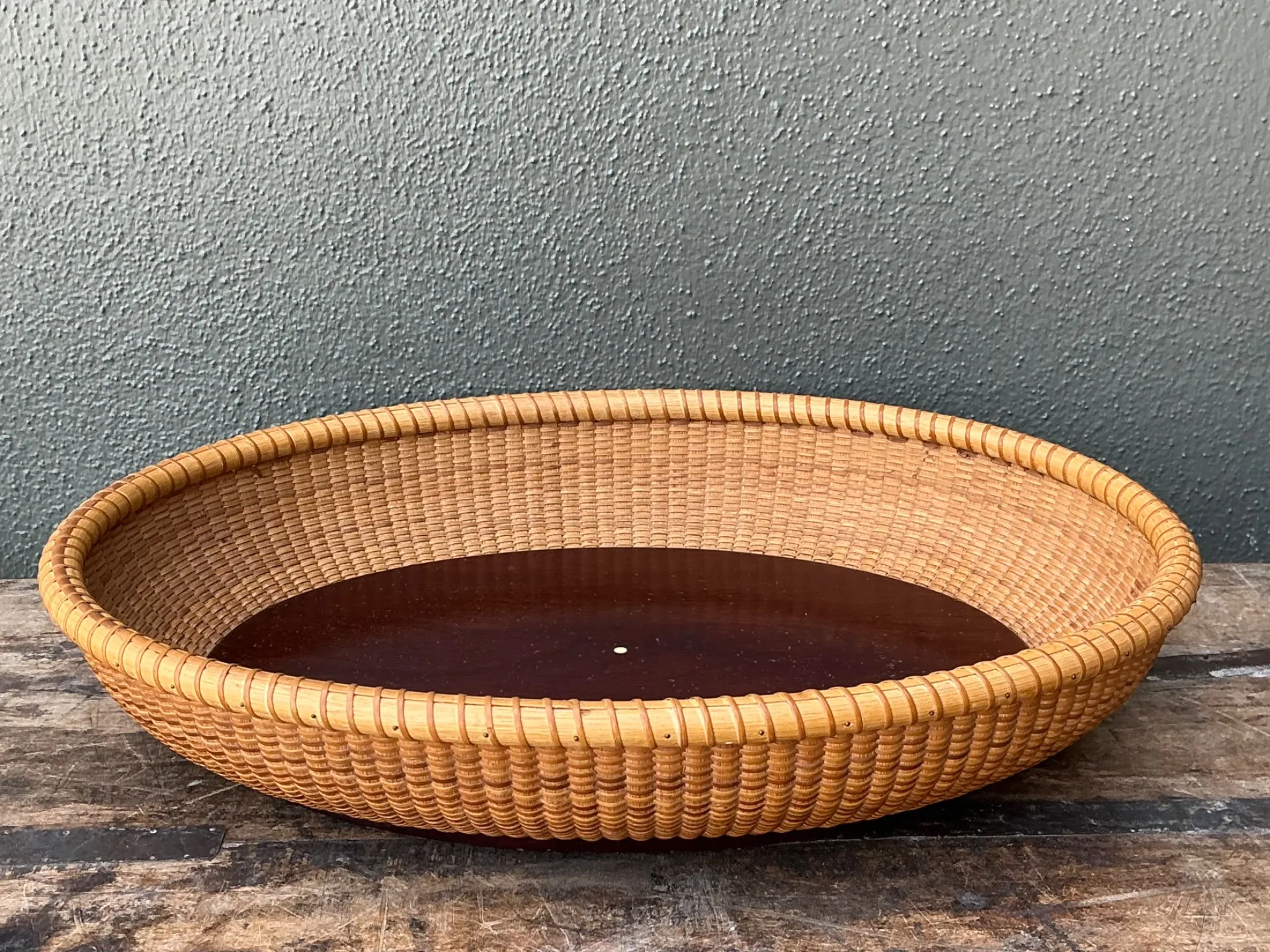 Vintage Rattan Woven Nantucket Basket With Wood Base — additional photo 6